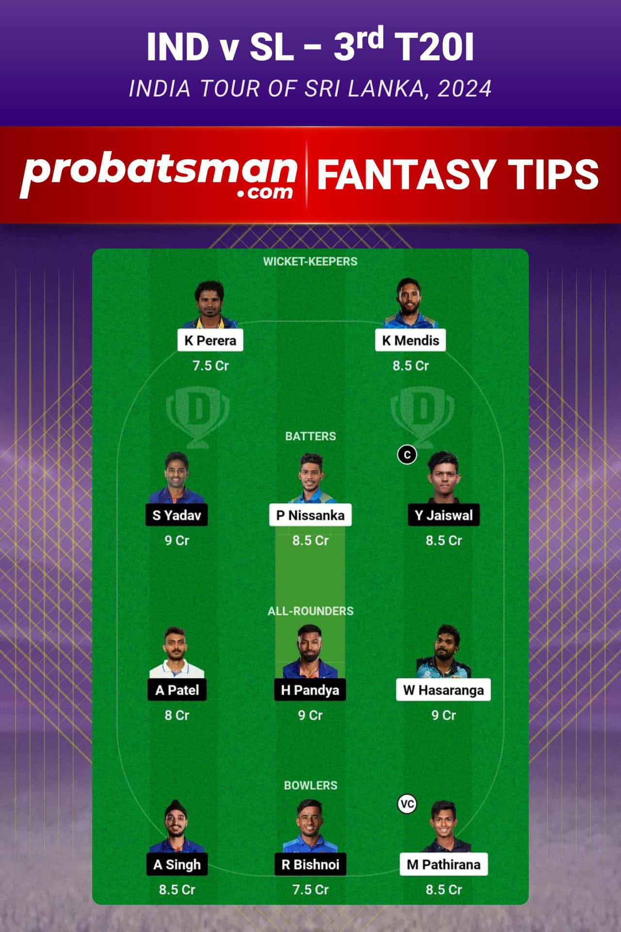 IND vs SL Dream11 Prediction For 3rd T20I of India tour of Sri Lanka 2024