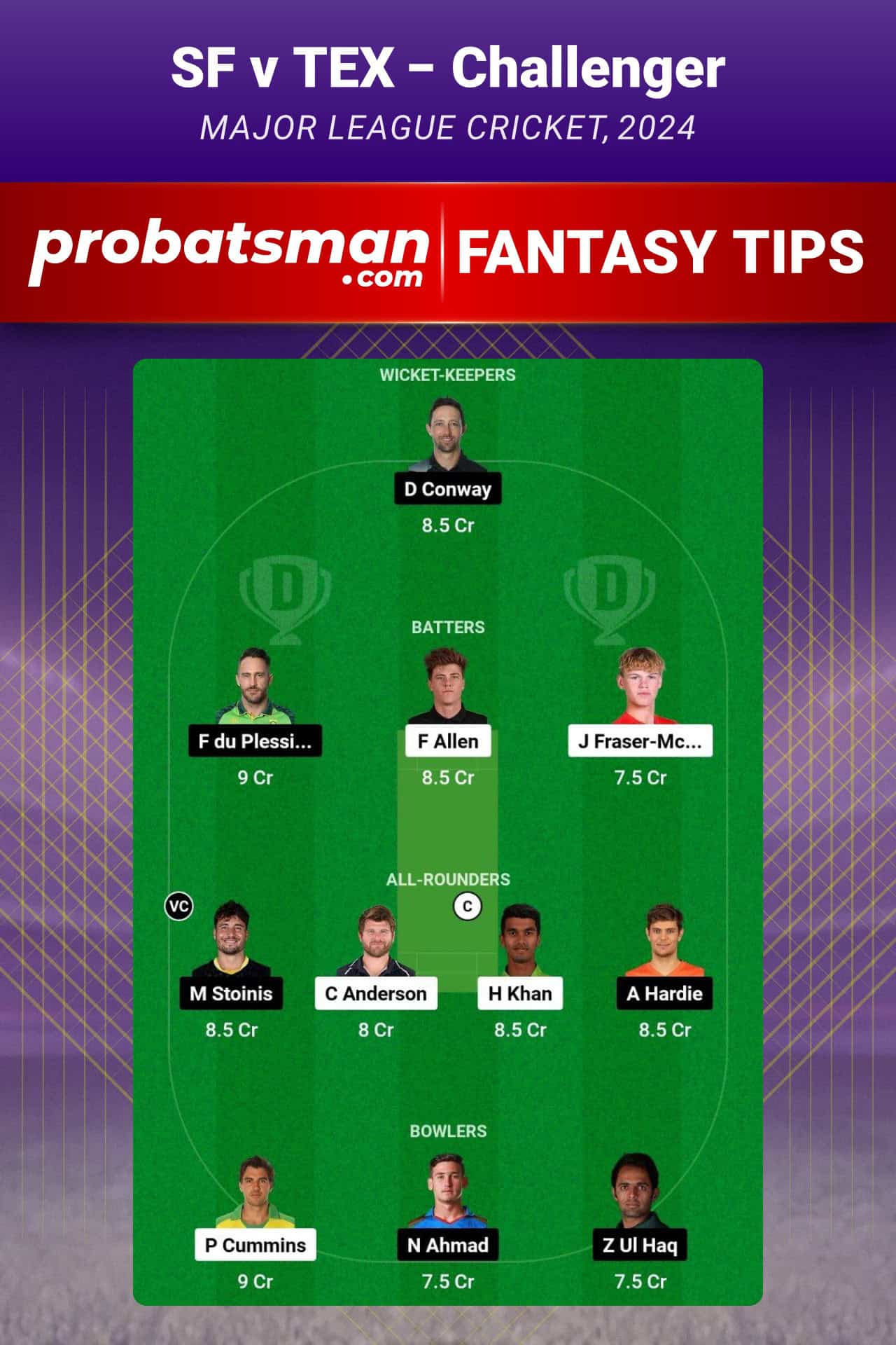 SF vs TEX Dream11 Prediction For Challenger of Major League Cricket 2024