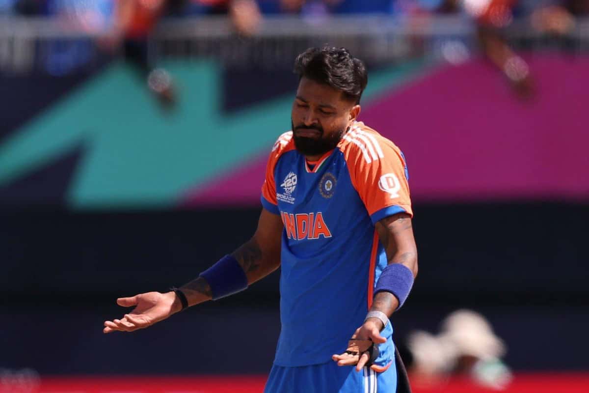 Hardik Pandya reacts in a match during T20 World Cup 2024