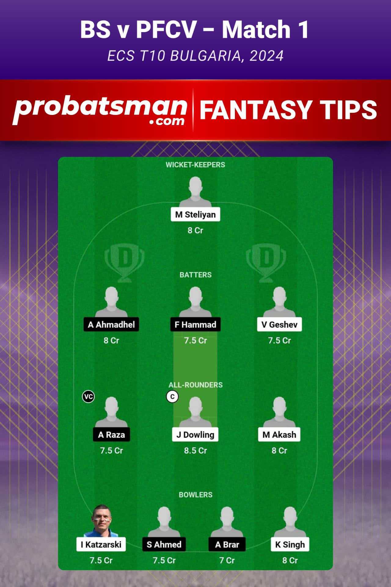 BS vs PFCV Dream11 Prediction For Match 1 of ECS T10 Bulgaria 2024