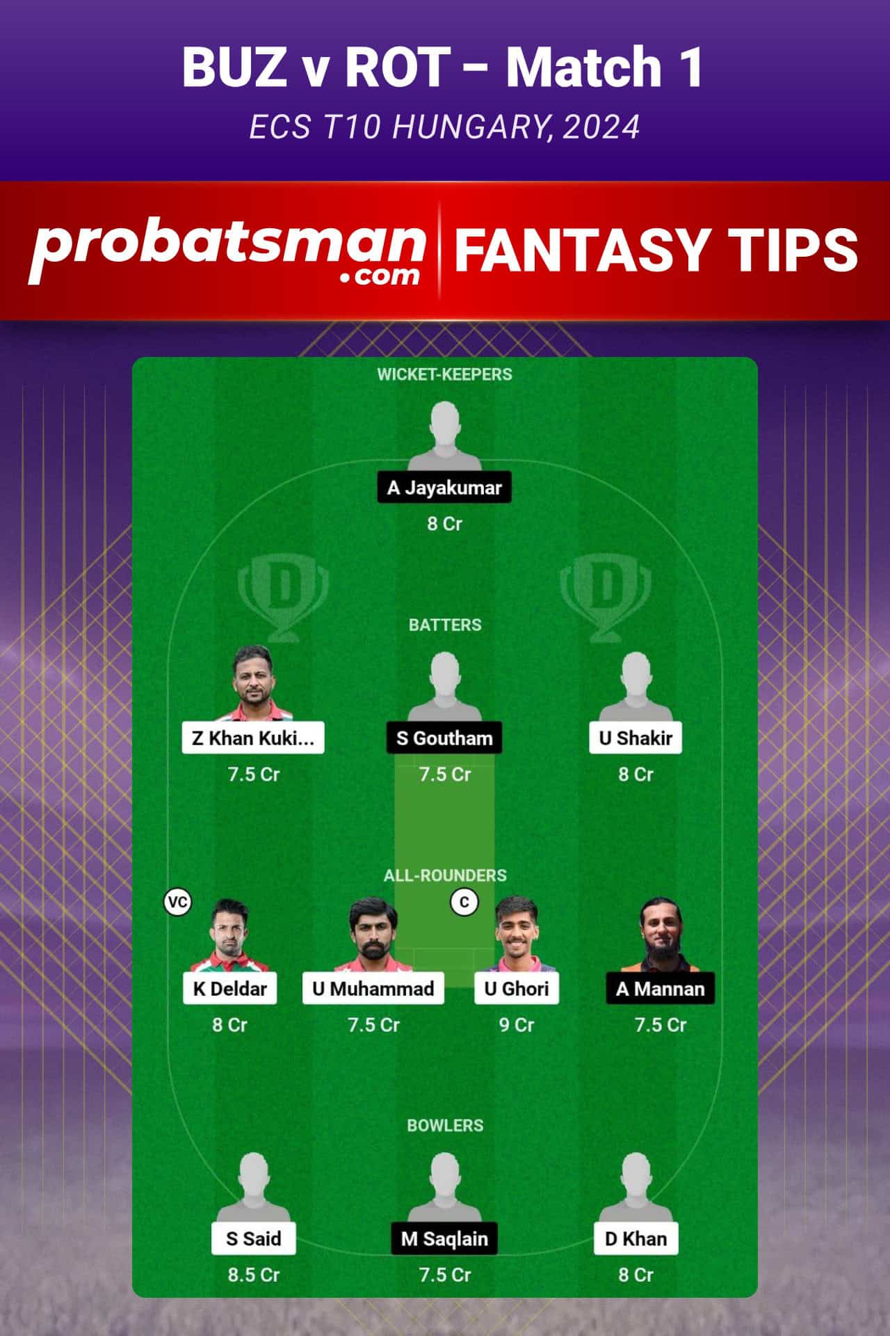 BUZ vs ROT Dream11 Prediction For Match 1 of ECS T10 Hungary 2024