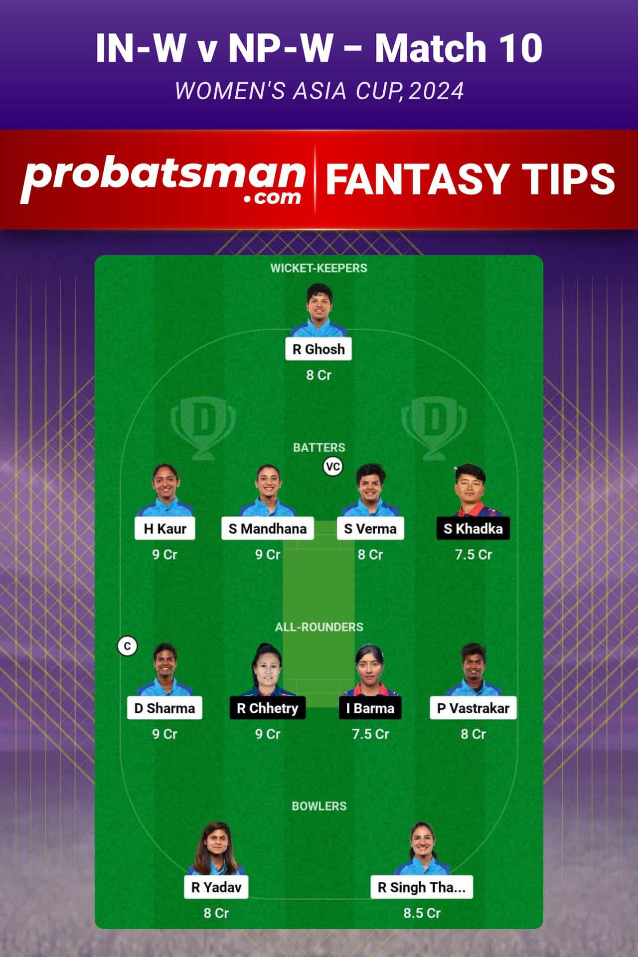 IN-W vs NP-W Dream11 Prediction, Fantasy Cricket Tips, Playing XI, Pitch Report, Player Stats & Injury Updates For Match 10 of Women's Asia Cup 2024 Copy