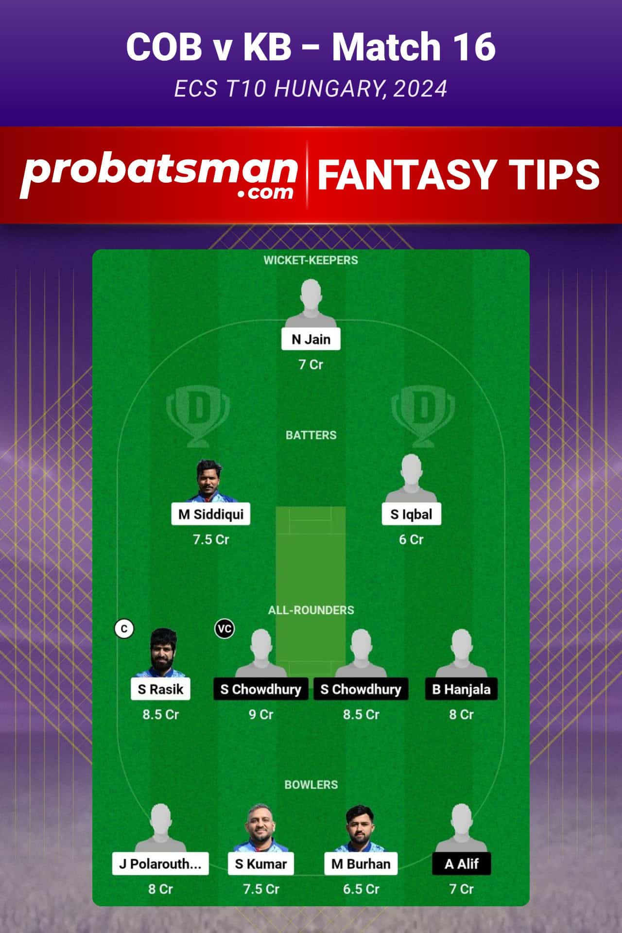 COB vs KB Dream11 Prediction For Match 16 of ECS T10 Hungary 2024