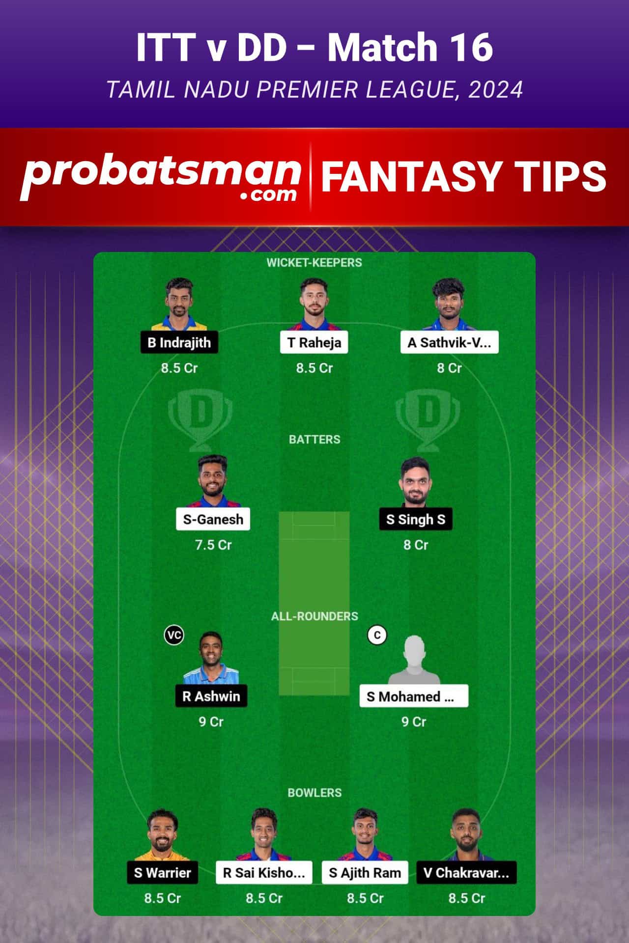 ITT vs DD Dream11 Prediction For Match 16 of TNPL 2024