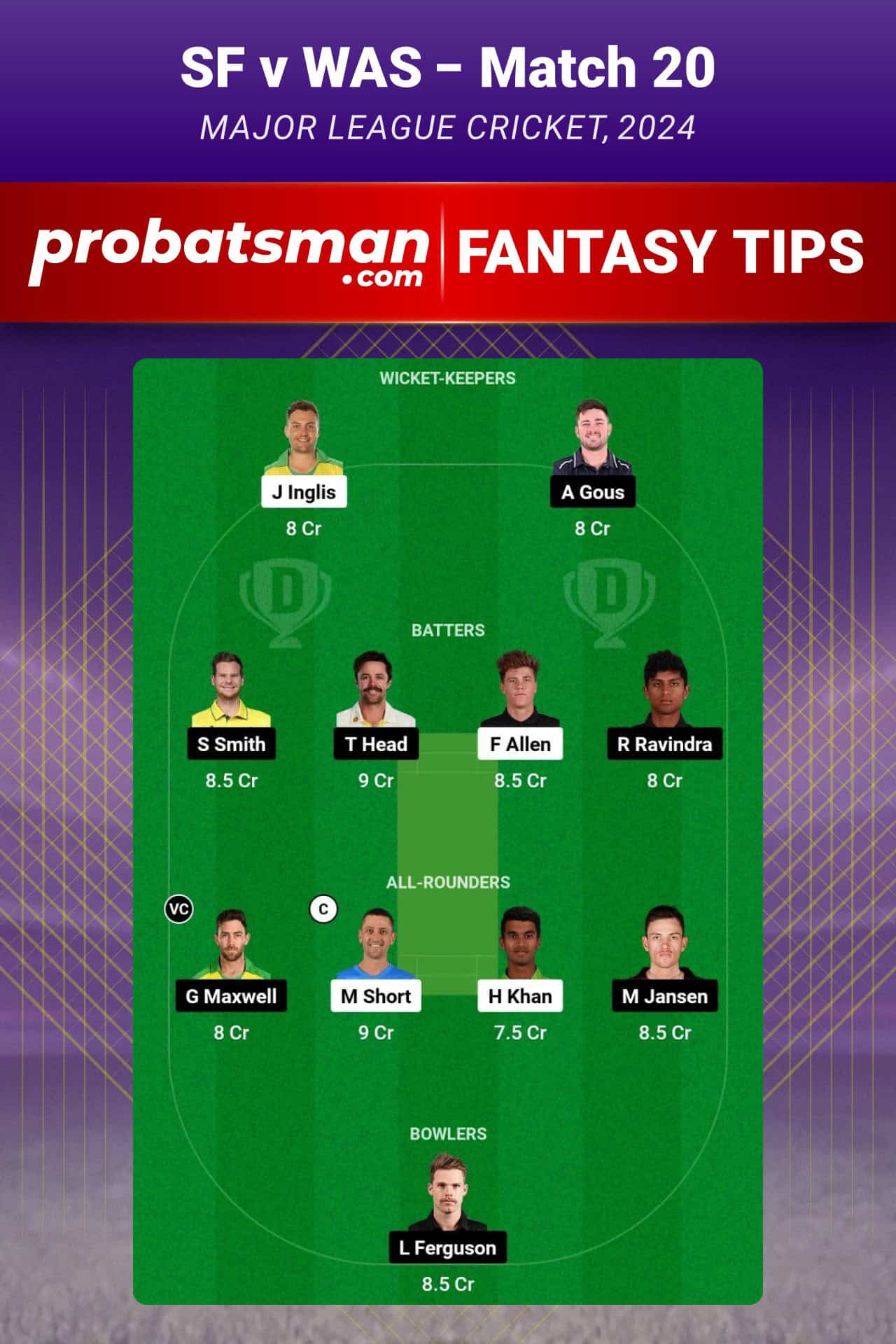 SF vs WAS Dream11 Prediction For Match 20 of Major League Cricket 2024