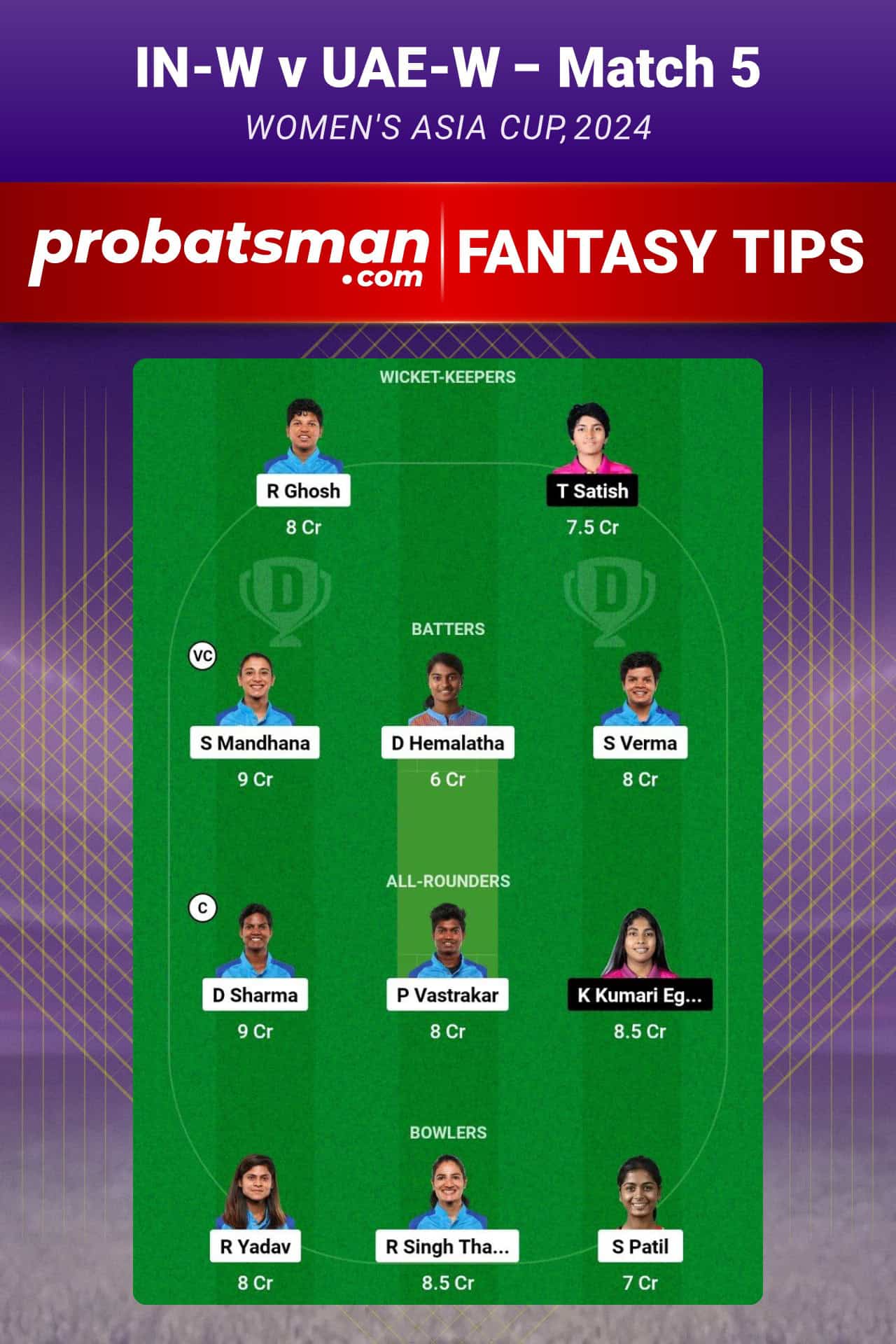 IN-W vs UAE-W Dream11 Prediction For Match 5 of Women's Asia Cup 2024