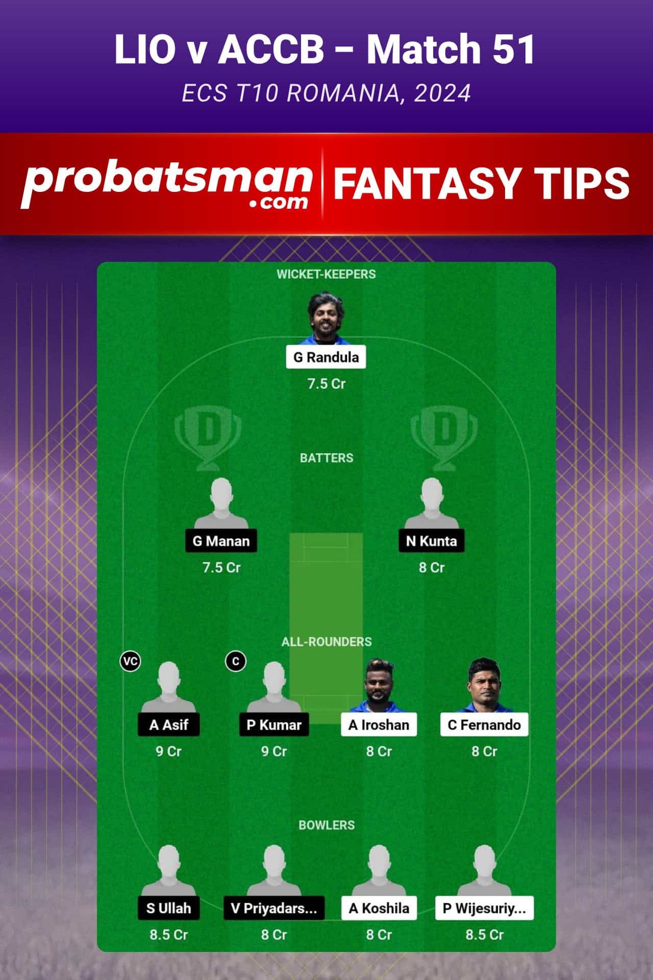 LIO vs ACCB Dream11 Prediction For Match 51 of ECS T10 Romania 2024