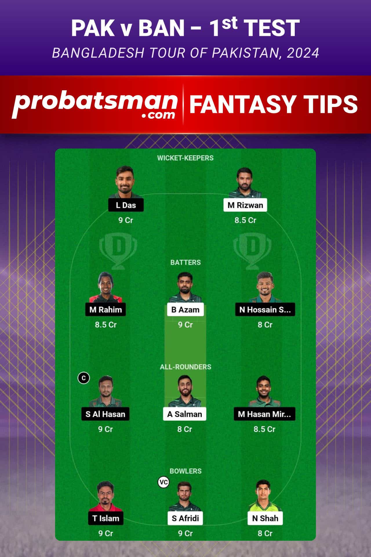 PAK vs BAN Dream11 Prediction For 1st Test of Bangladesh tour of Pakistan 2024