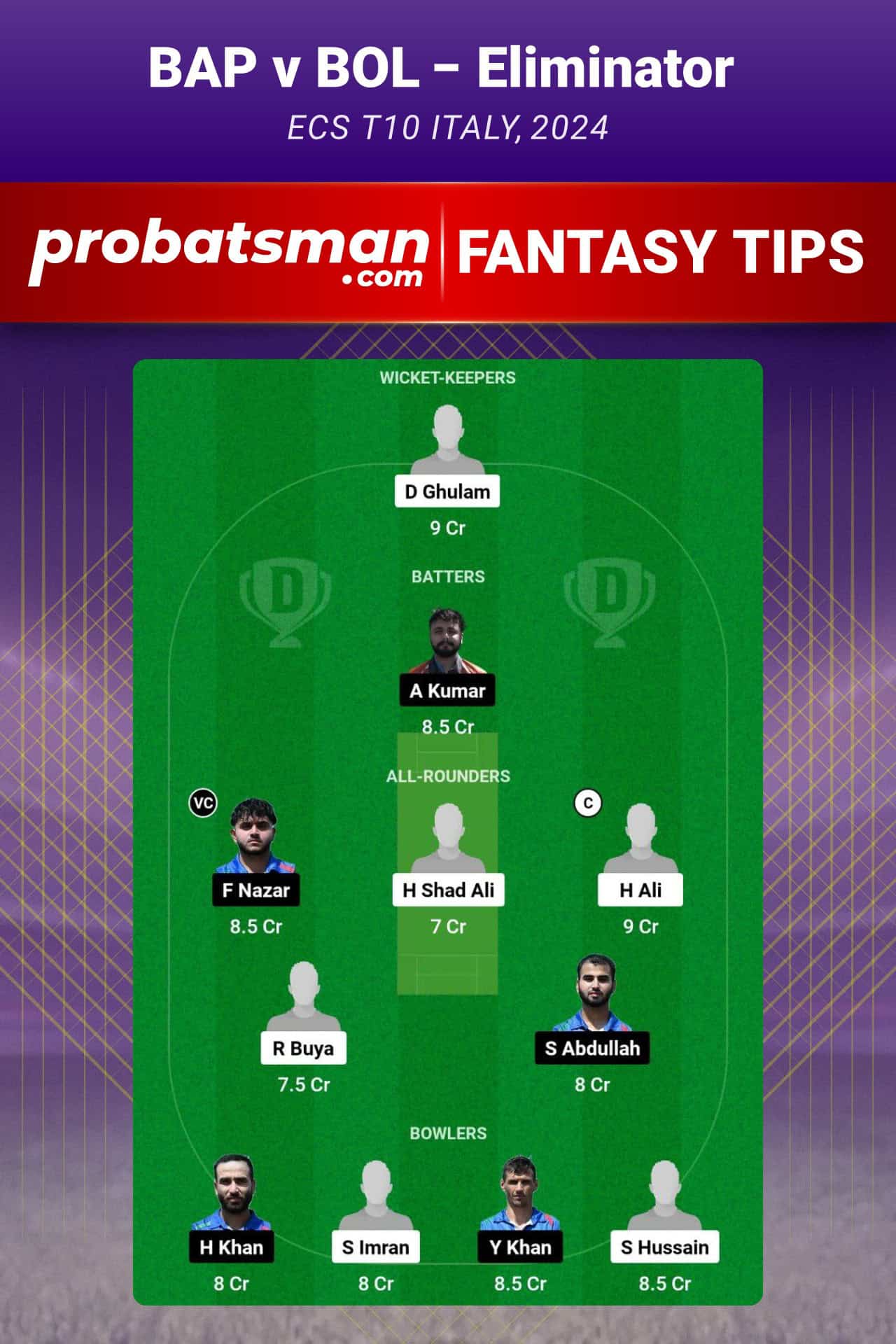 BAP vs BOL Dream11 Prediction For Eliminator of ECS T10 Italy 2024