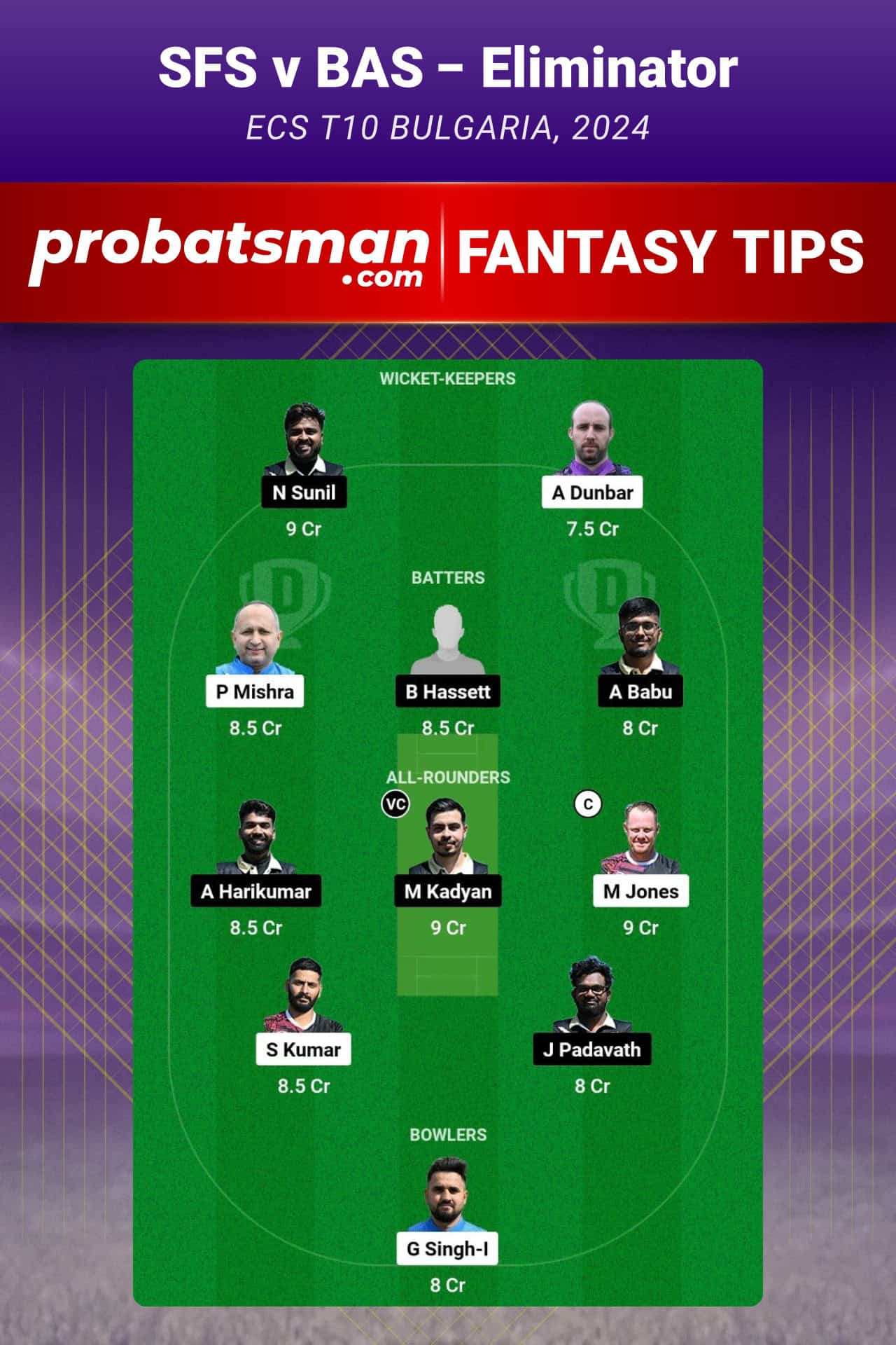 SFS vs BAS Dream11 Prediction For Eliminator of ECS T10 Bulgaria 2024