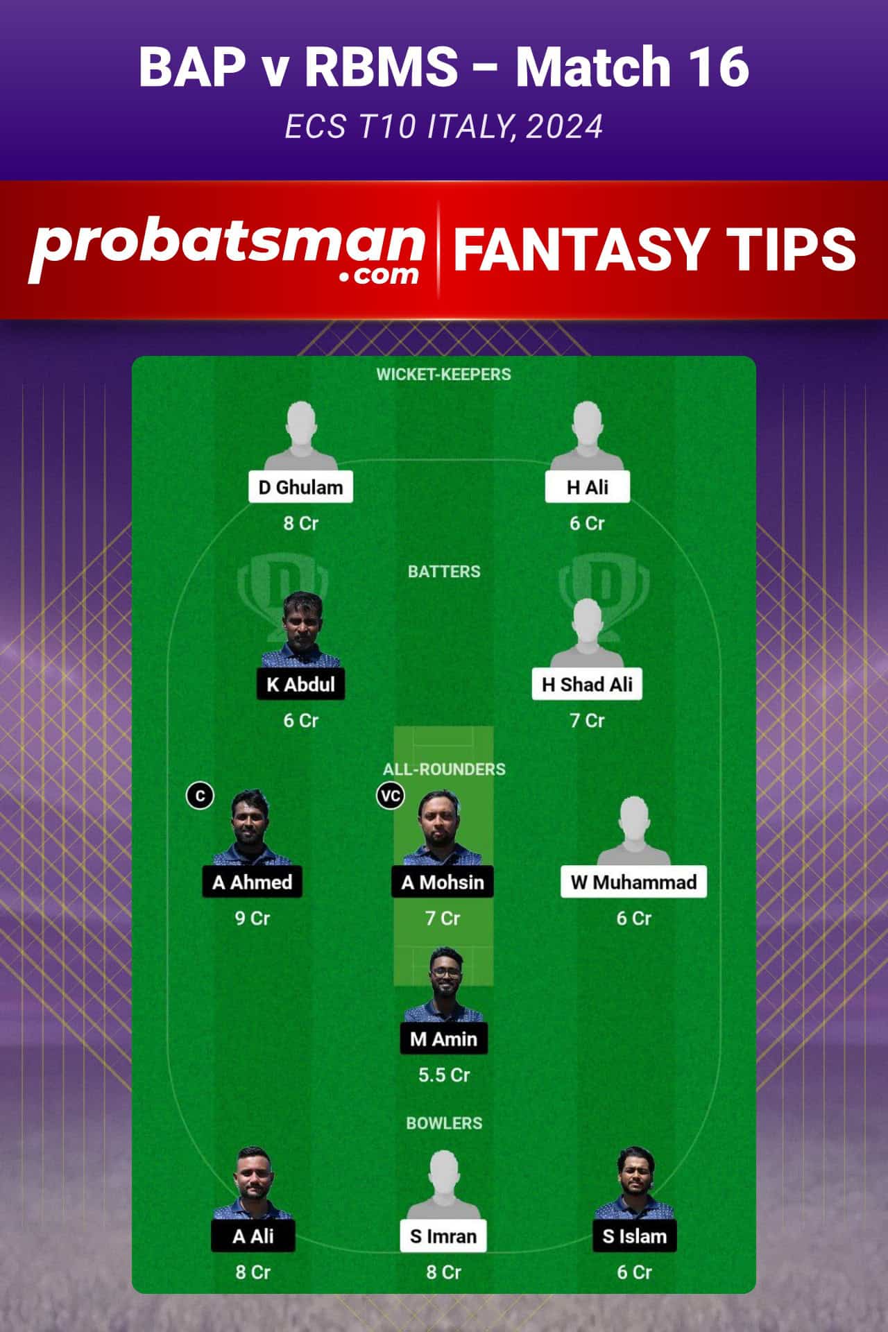 BAP vs RBMS Dream11 Prediction For Match 16 of ECS T10 Italy 2024