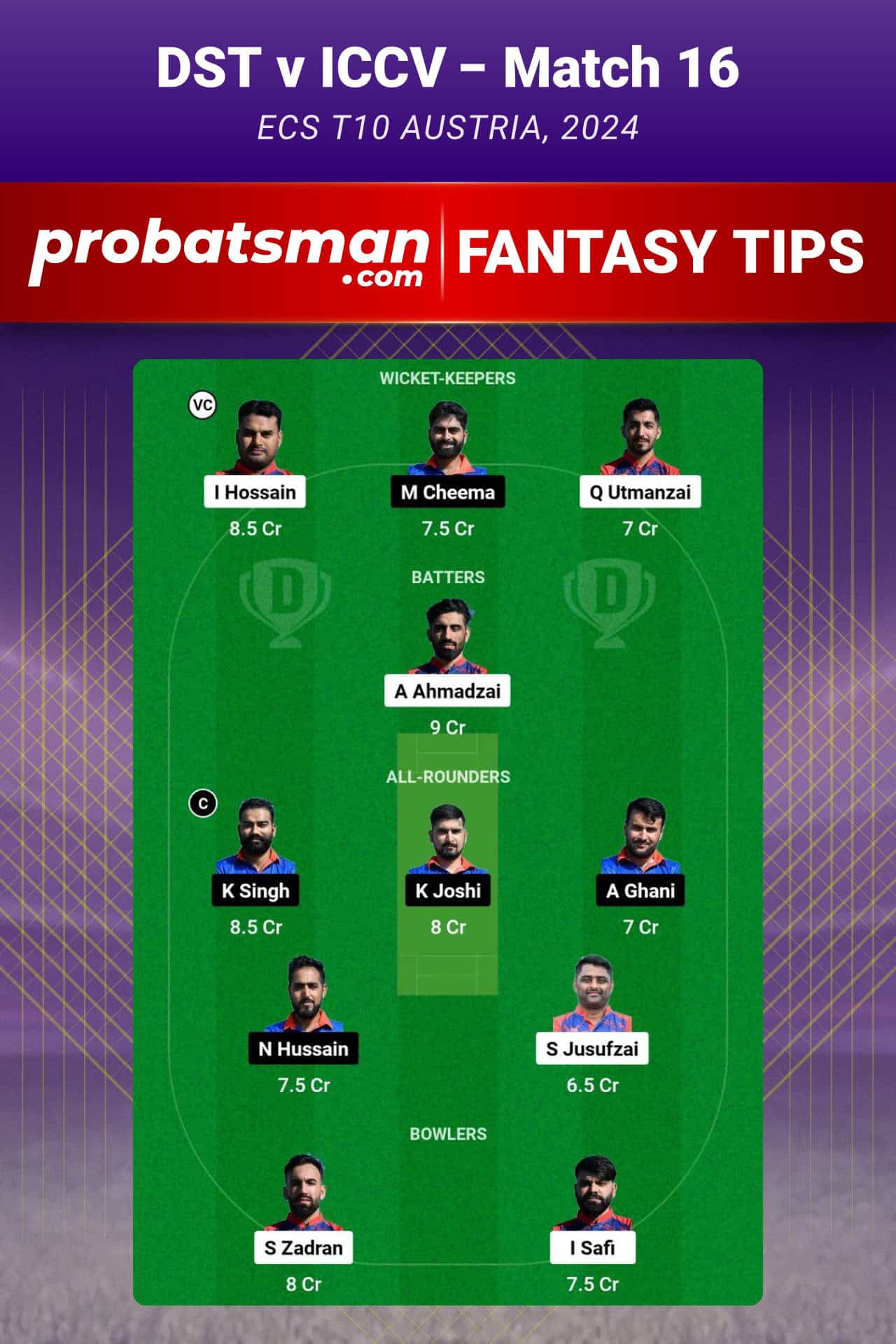 DST vs ICCV Dream11 Prediction For Match 16 of ECS T10 Austria 2024