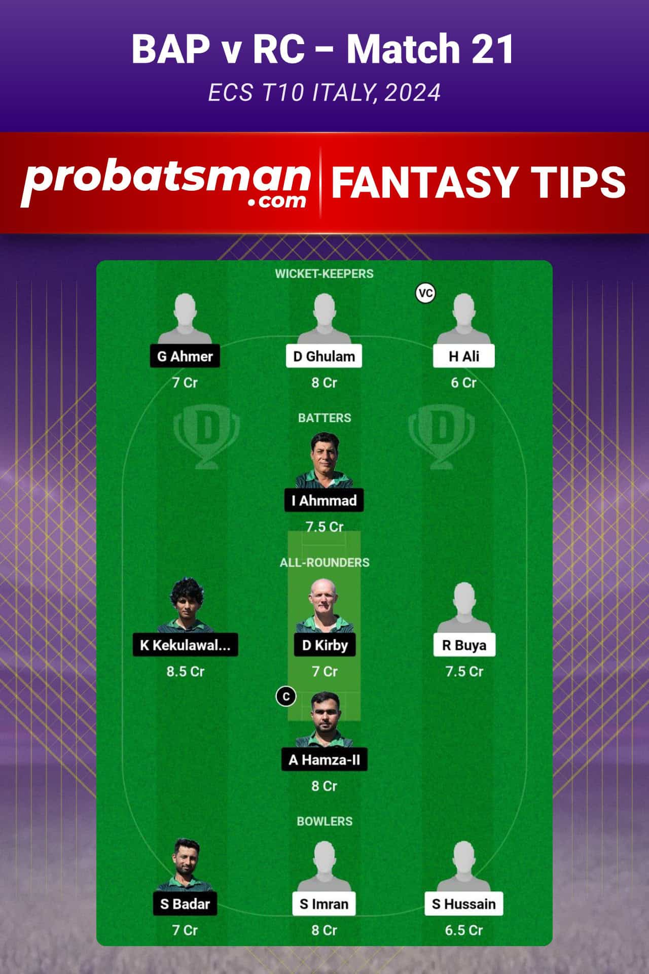 BAP vs RC Dream11 Prediction For Match 21 of ECS T10 Italy 2024