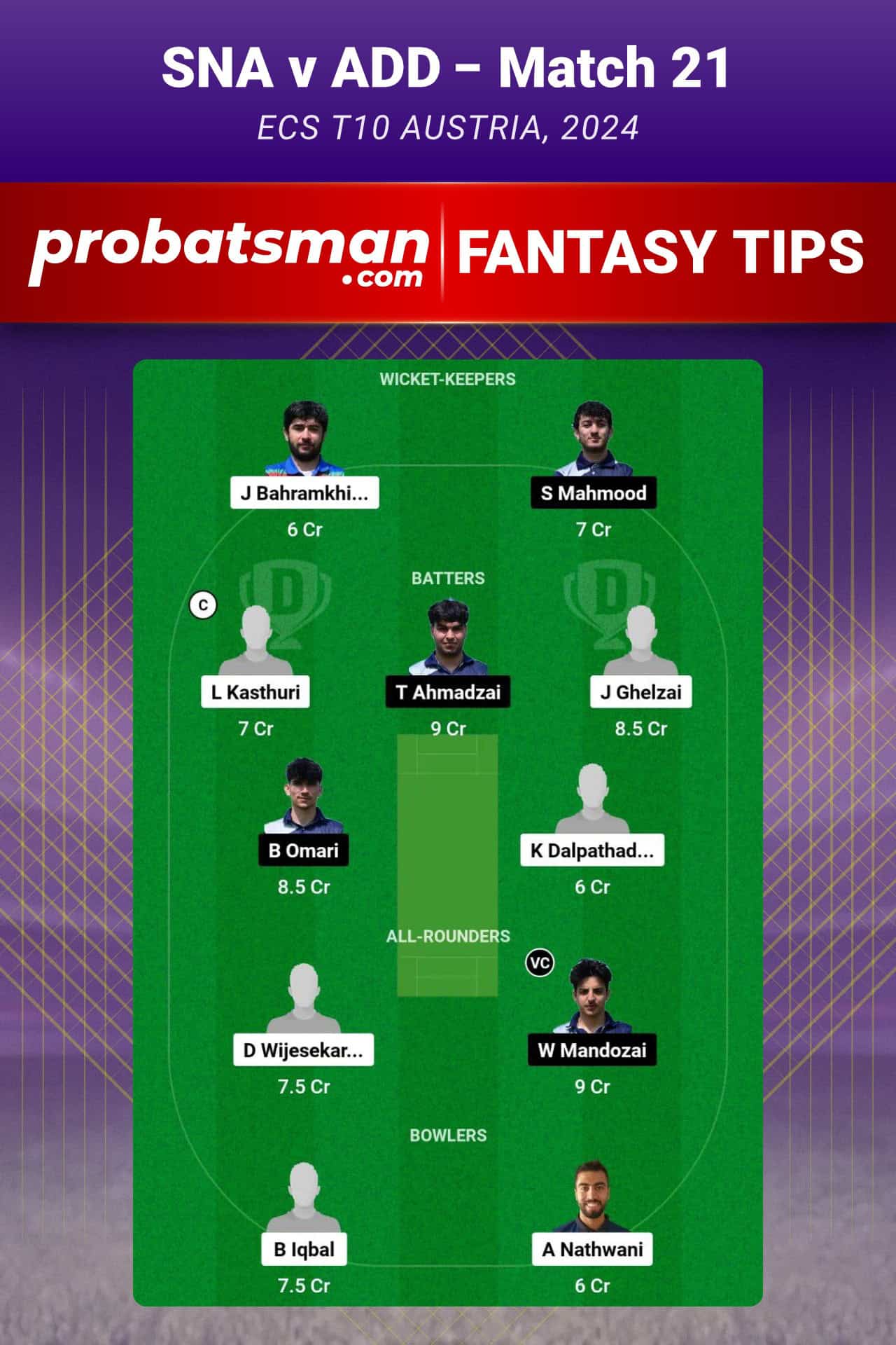 SNA vs ADD Dream11 Prediction, Fantasy Cricket Tips, Playing XI, Pitch Report, Player Stats & Injury Updates For Match 21 of ECS T10 Austria 2024