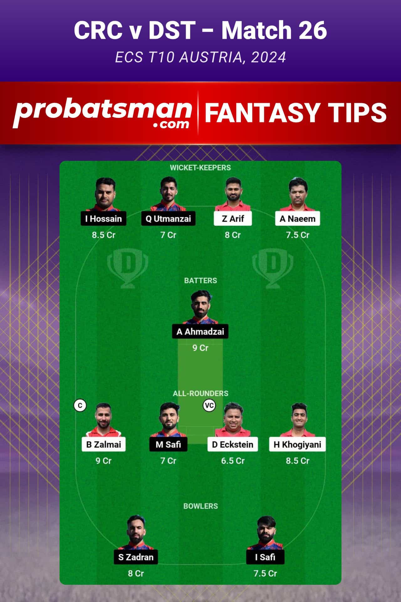 CRC vs DST Dream11 Prediction For Match 26 of ECS T10 Austria 2024