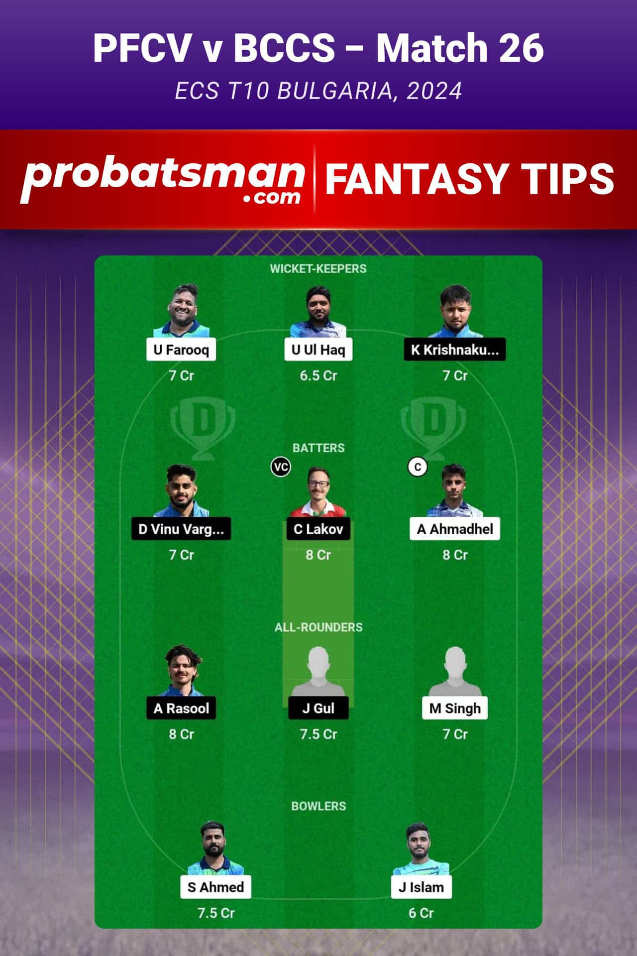 PFCV vs BCCS Dream11 Prediction For Match 26 of ECS T10 Bulgaria 2024