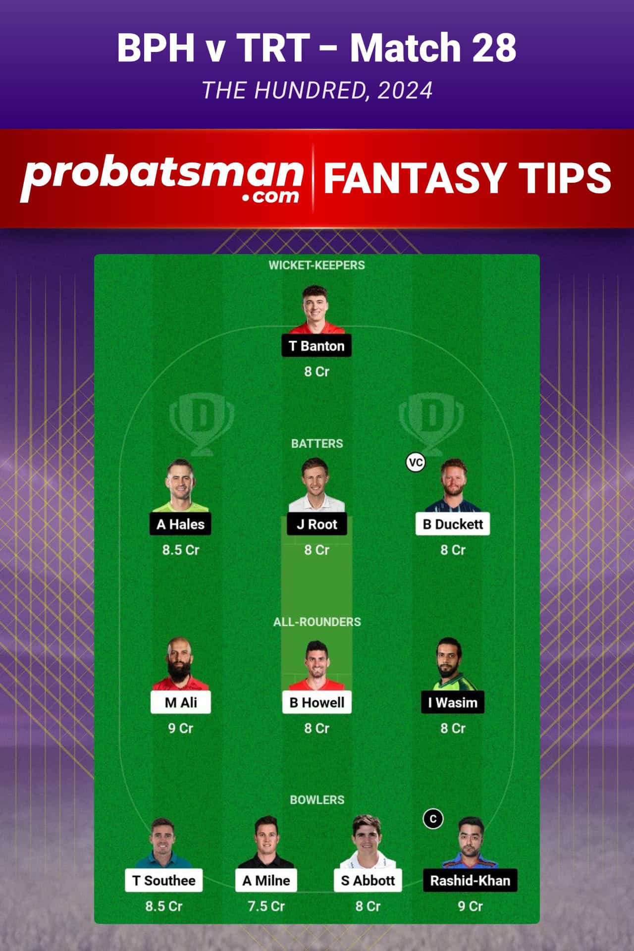 BPH vs TRT Dream11 Prediction For Match 28 of The Hundred 2024