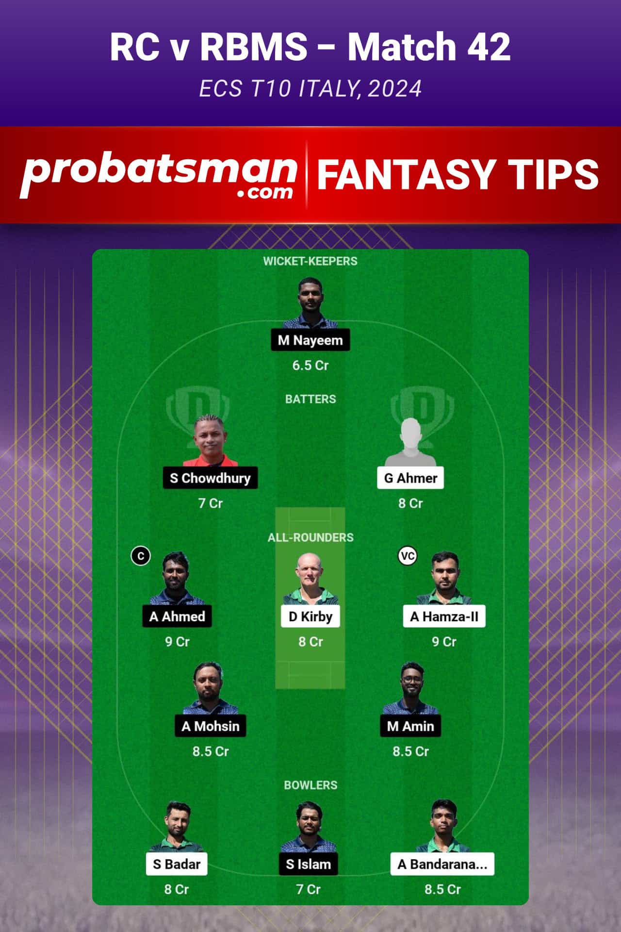 RC vs RBMS Dream11 Prediction For Match 42 of ECS T10 Italy 2024