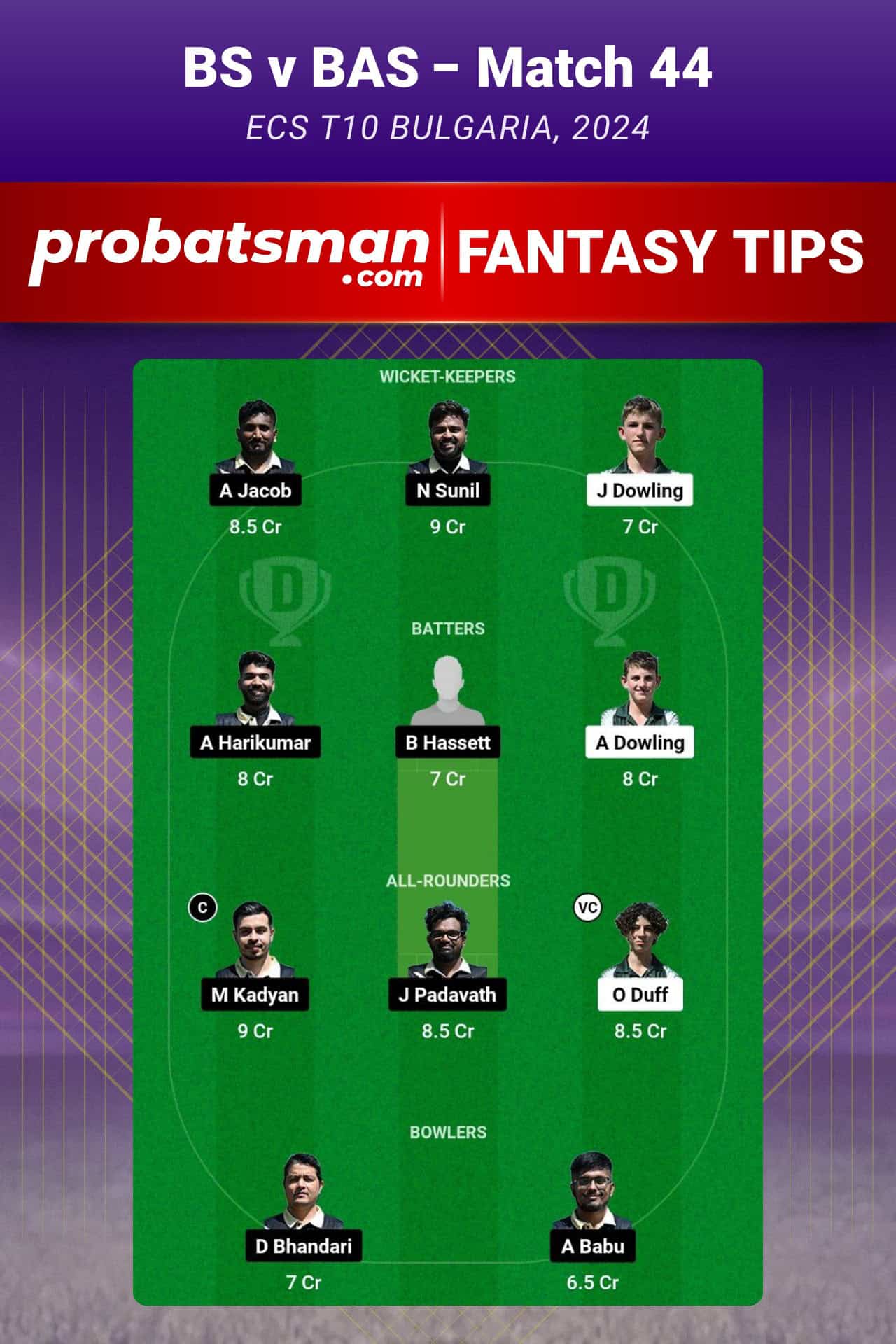 BS vs BAS Dream11 Prediction For Match 44 of ECS T10 Bulgaria 2024