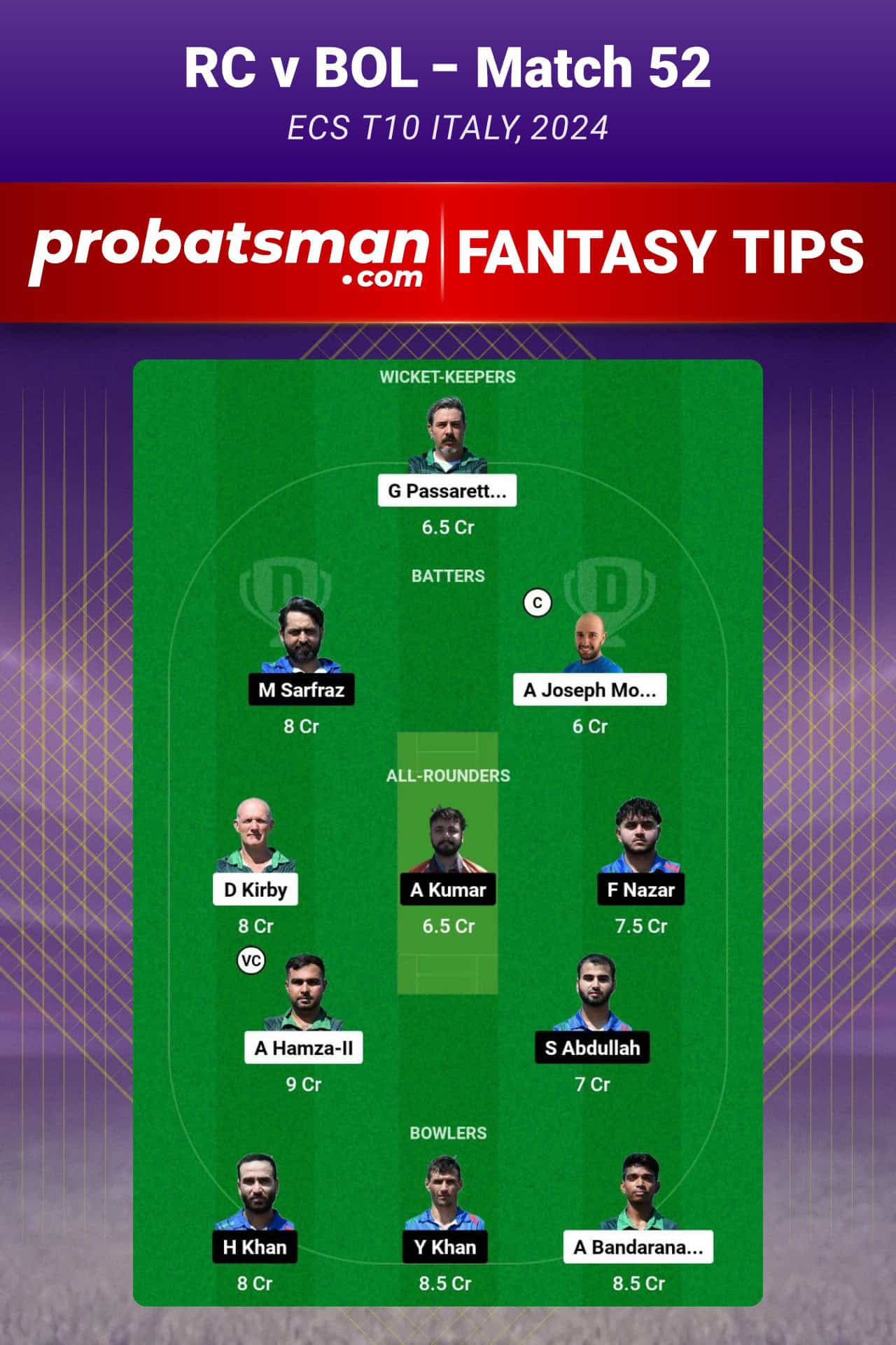 RC vs BOL Dream11 Prediction For Match 52 of ECS T10 Italy 2024