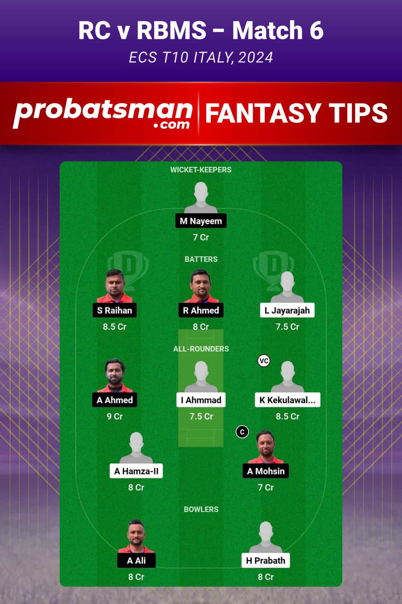 RC vs RBMS Dream11 Prediction For Match 6 of ECS T10 Italy 2024