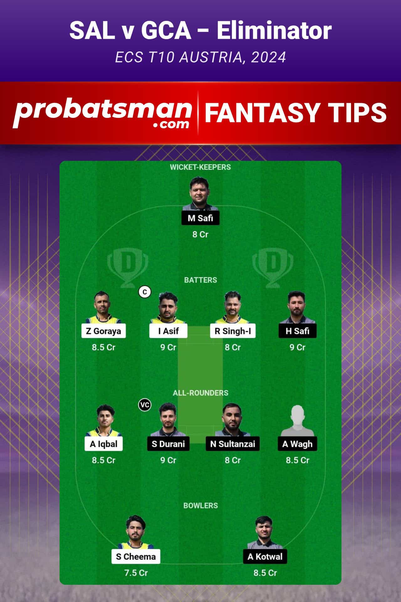 SAL vs GCA Dream11 Prediction For Eliminator of ECS T10 Austria 2024