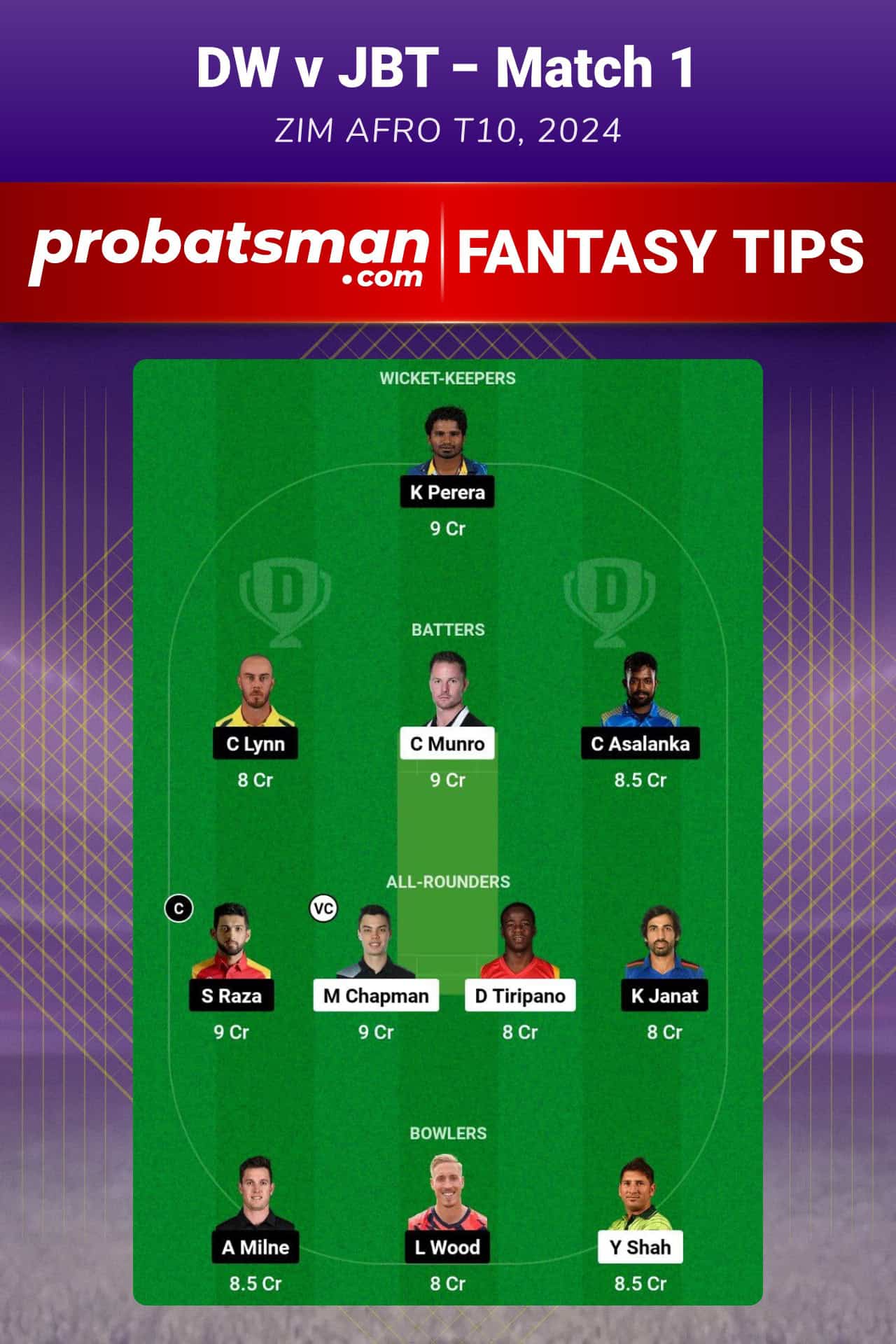 DW vs JBT Dream11 Prediction For Match 1 of Zim Afro T10 2024