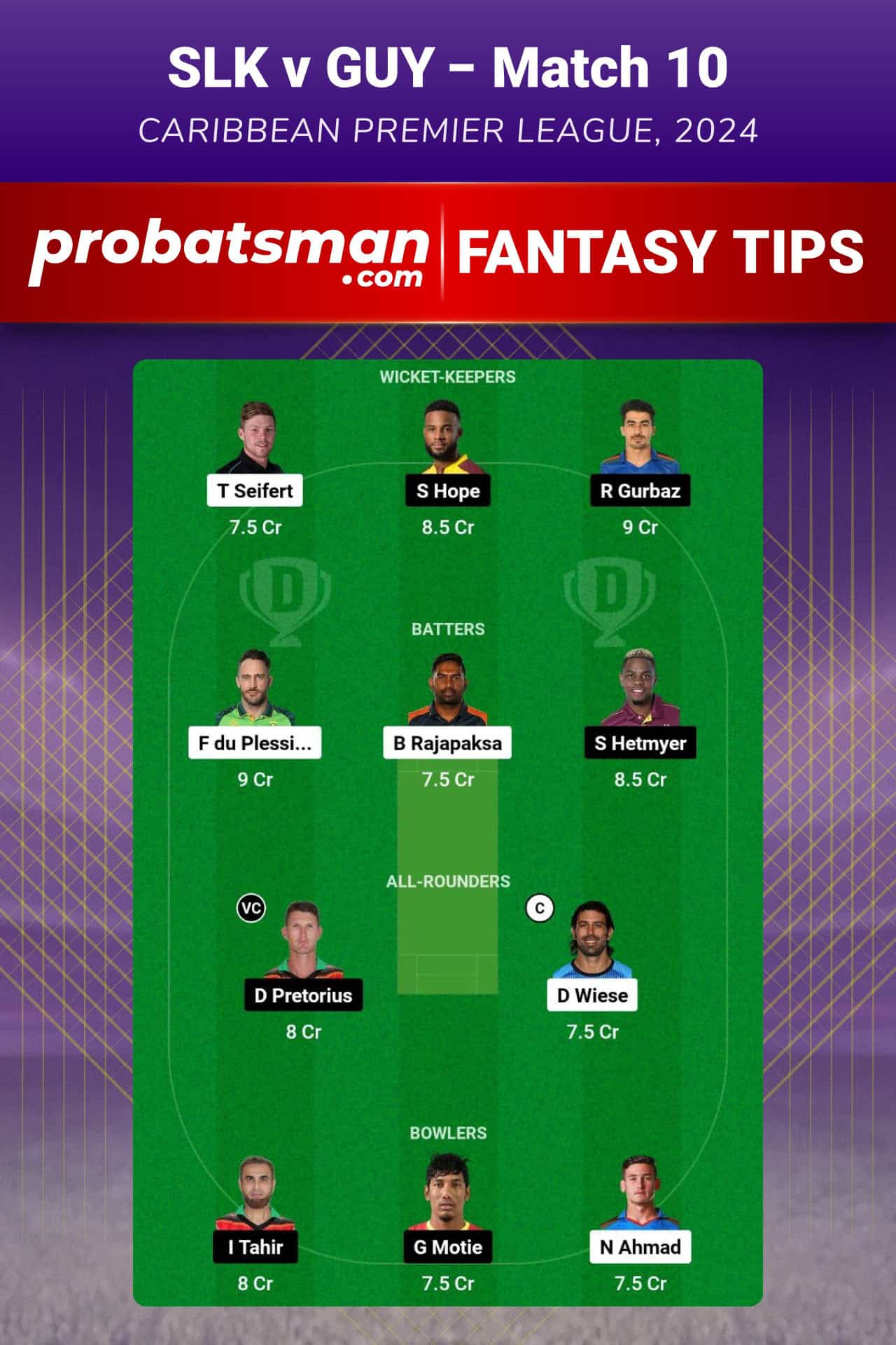 SLK vs GUY Dream11 Prediction For Match 10 of CPL 2024