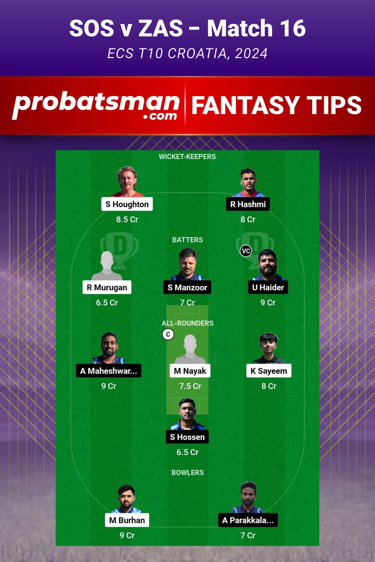 SOS vs ZAS Dream11 Prediction For Match 16 of ECS T10 Croatia 2024