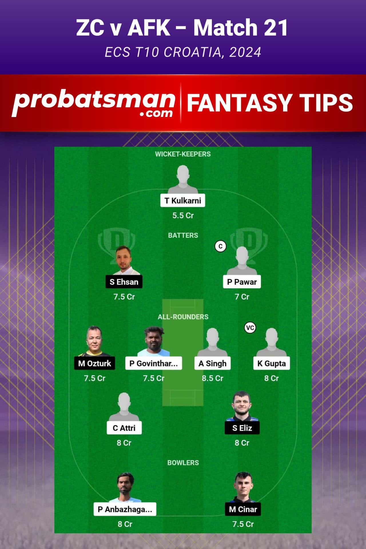 ZC vs AFK Dream11 Prediction For Match 21 of ECS T10 Croatia 2024