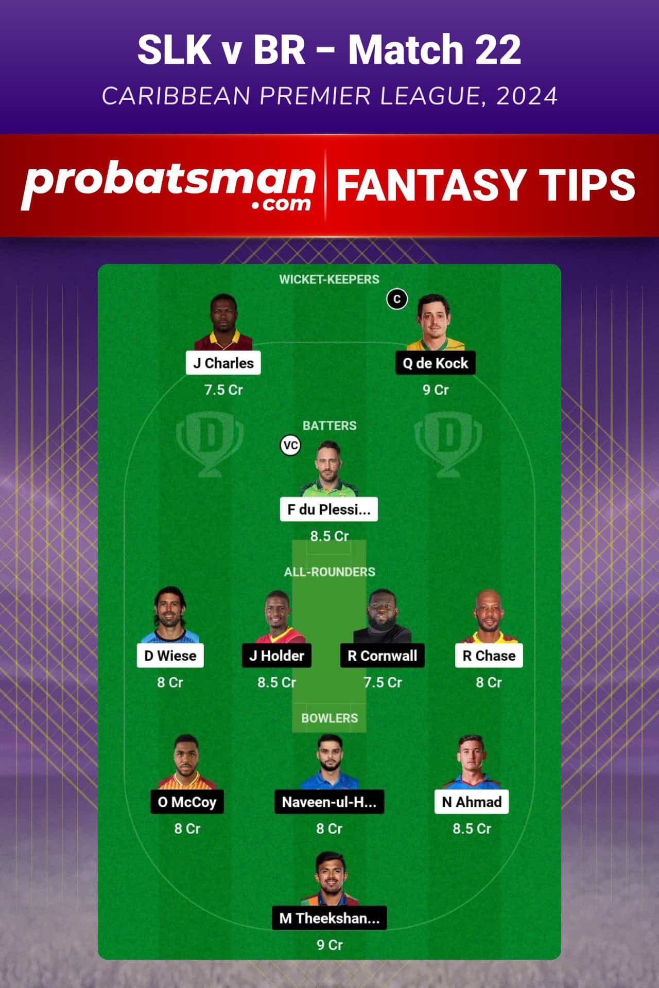 SLK vs BR Dream11 Prediction For Match 22 of CPL 2024