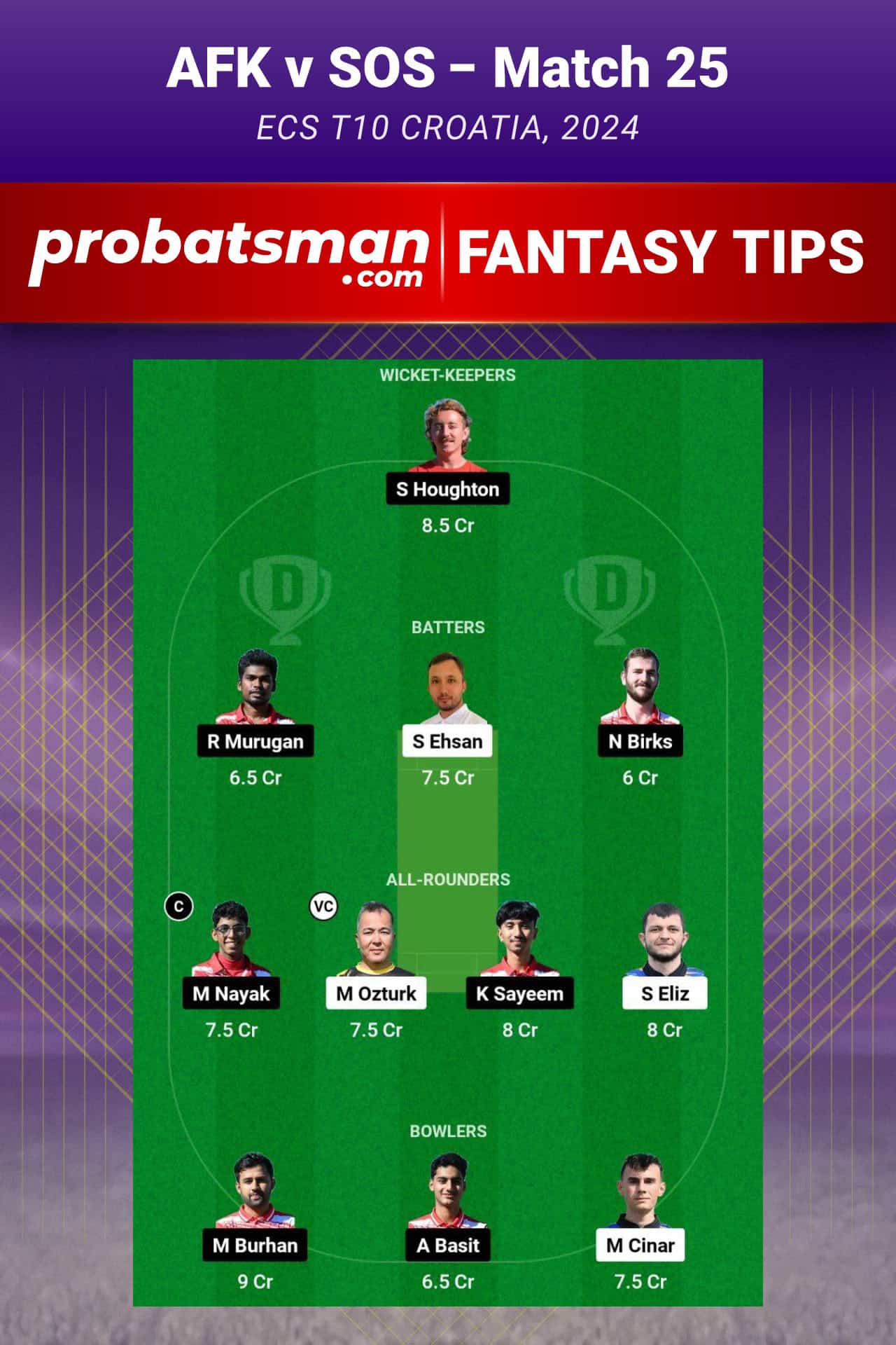 AFK vs SOS Dream11 Prediction For Match 25 of ECS T10 Croatia 2024