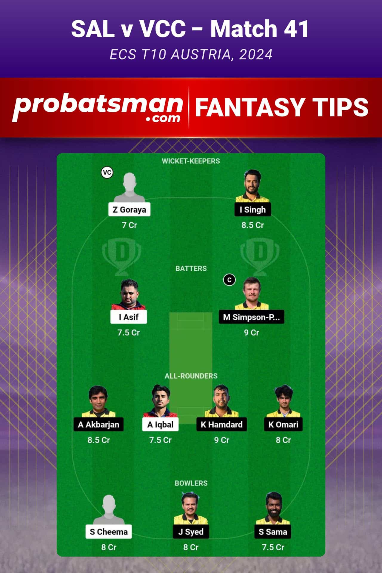 SAL vs VCC Dream11 Prediction For Match 41 of ECS T10 Austria 2024