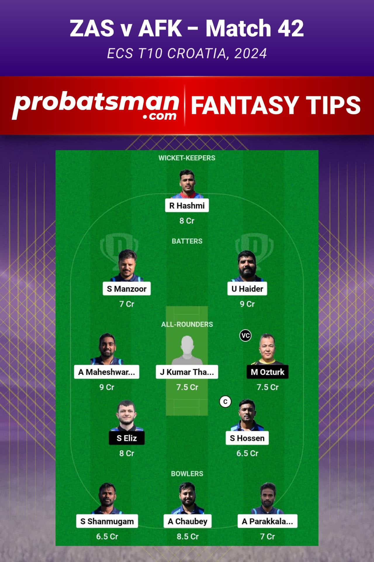 ZAS vs AFK Dream11 Prediction For Match 42 of ECS T10 Croatia 2024