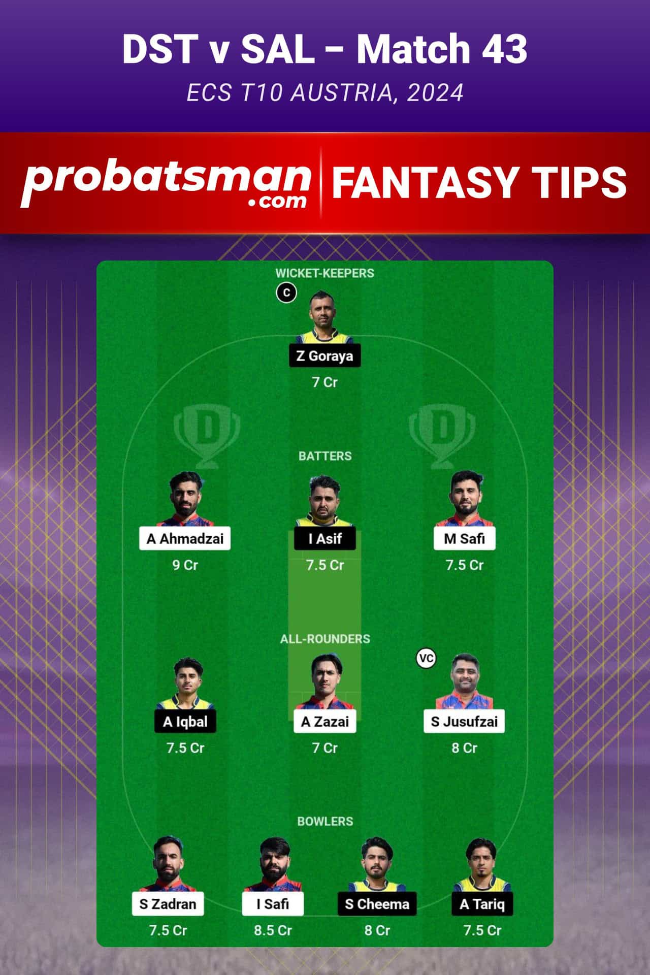 DST vs SAL Dream11 Prediction For Match 43 of ECS T10 Austria 2024