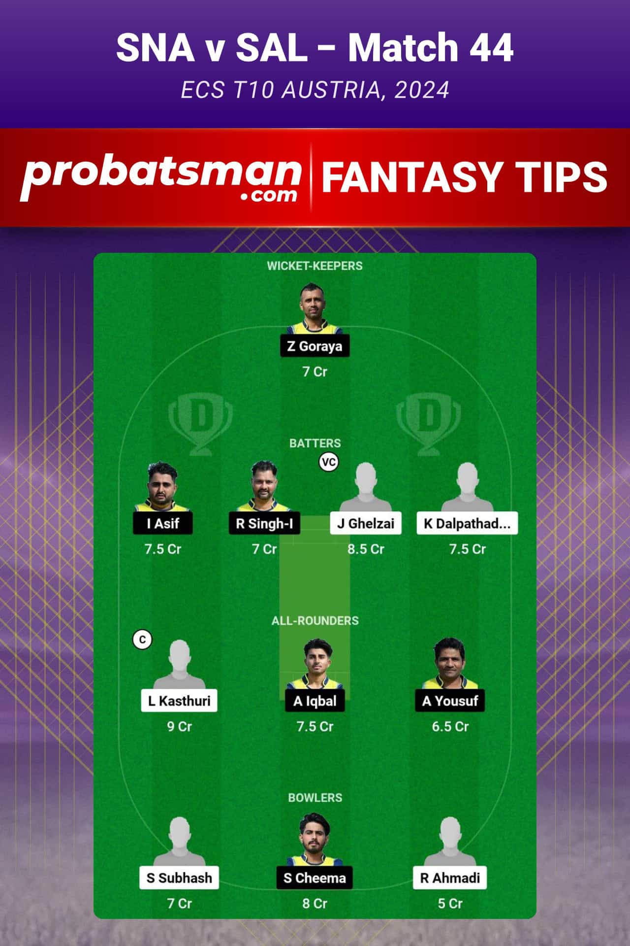 SNA vs SAL Dream11 Prediction For Match 44 of ECS T10 Austria 2024