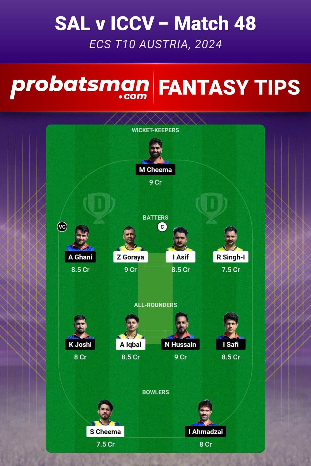 SAL vs ICCV Dream11 Prediction For Match 48 of ECS T10 Austria 2024