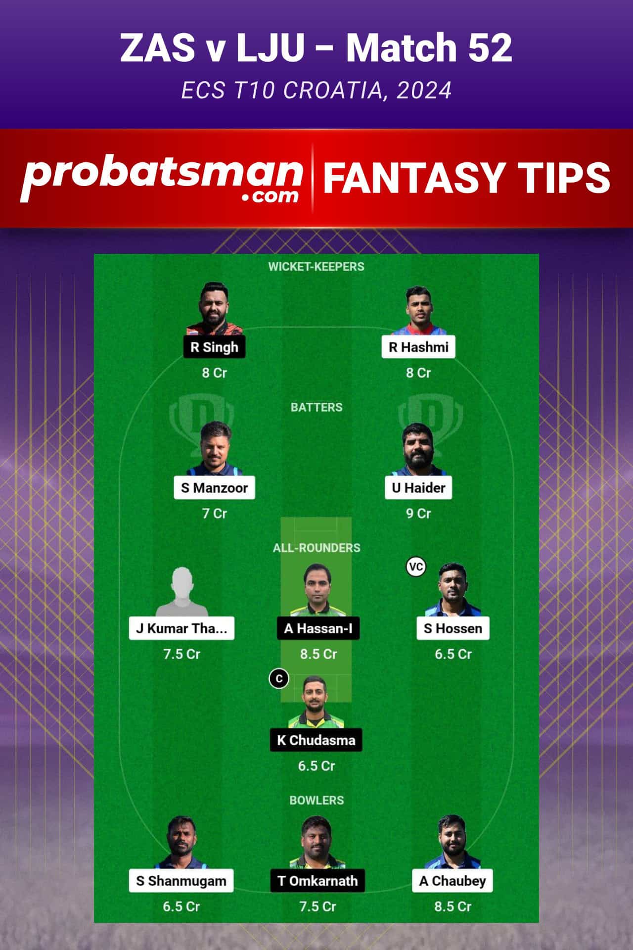 ZAS vs LJU Dream11 Prediction For Match 52 of ECS T10 Croatia 2024