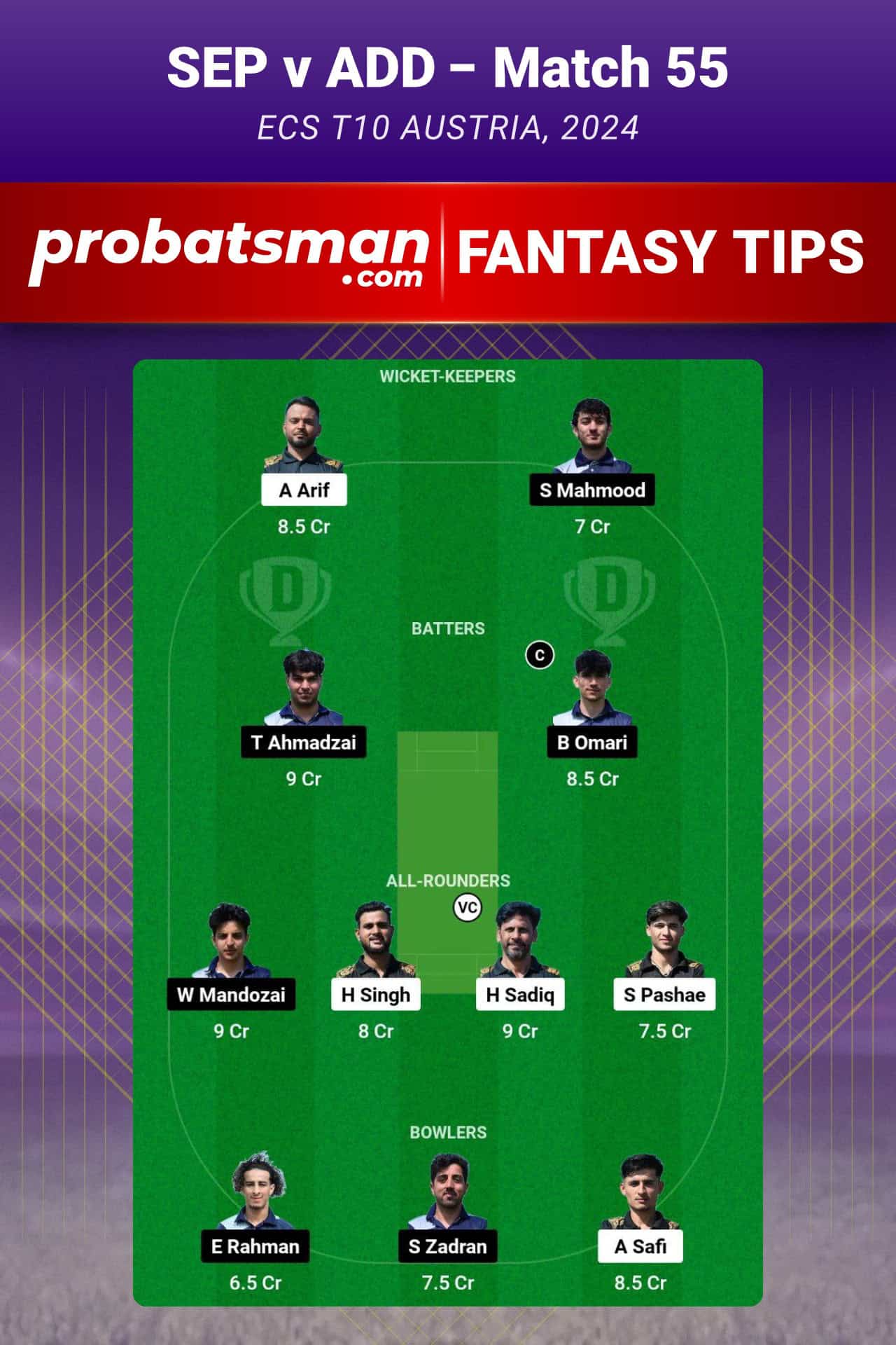 SEP vs ADD Dream11 Prediction For Match 55 of ECS T10 Austria 2024