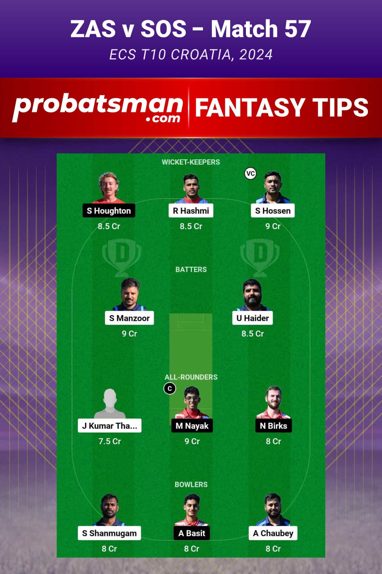 ZAS vs SOS Dream11 Prediction For Match 57 of ECS T10 Croatia 2024