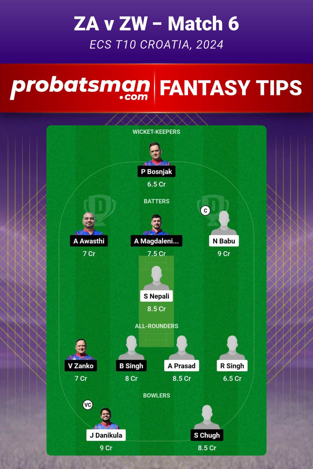 ZA vs ZW Dream11 Prediction For Match 6 of ECS T10 Croatia 2024