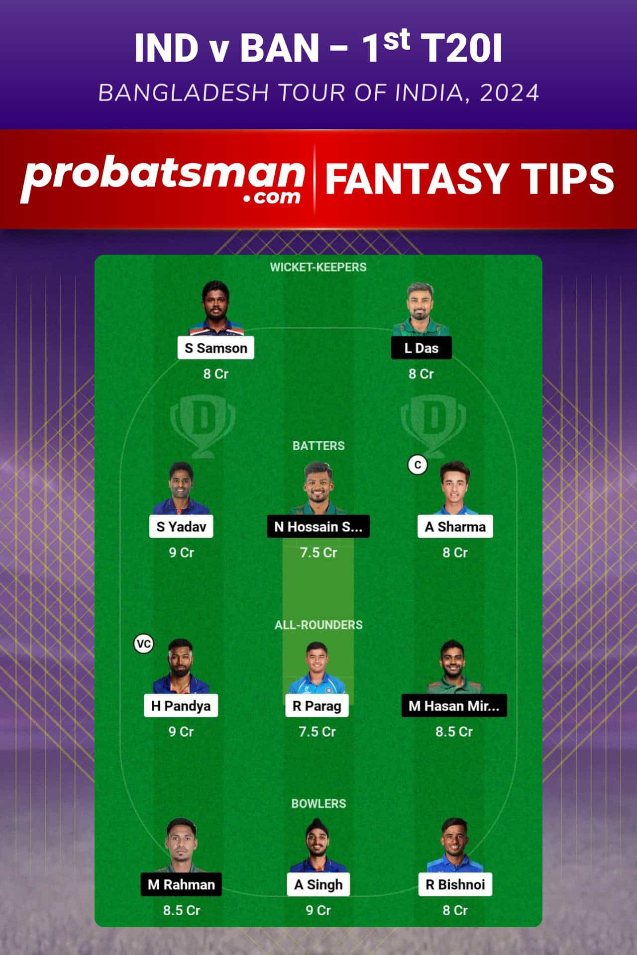 IND vs BAN Dream11 Prediction For 1st T20I of Bangladesh tour of India 2024