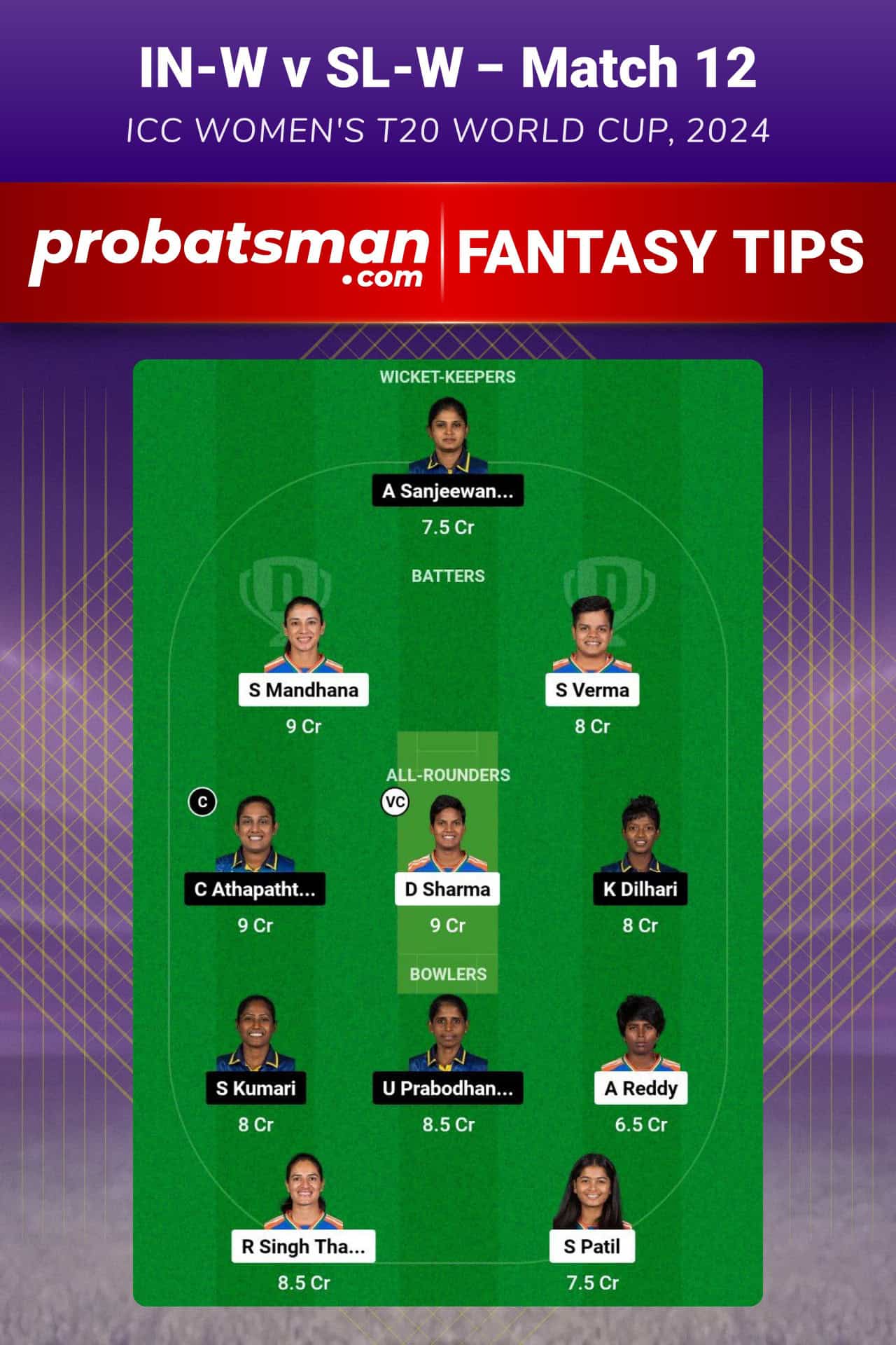 IN-W vs SL-W Dream11 Prediction For Match 12 of ICC Women's T20 World Cup 2024