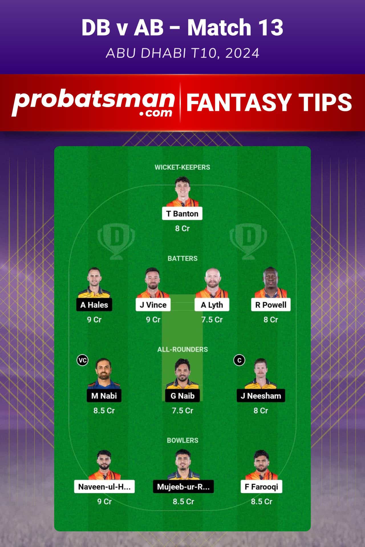 DB vs AB Dream11 Prediction For Match 13 of Abu Dhabi T10 2024