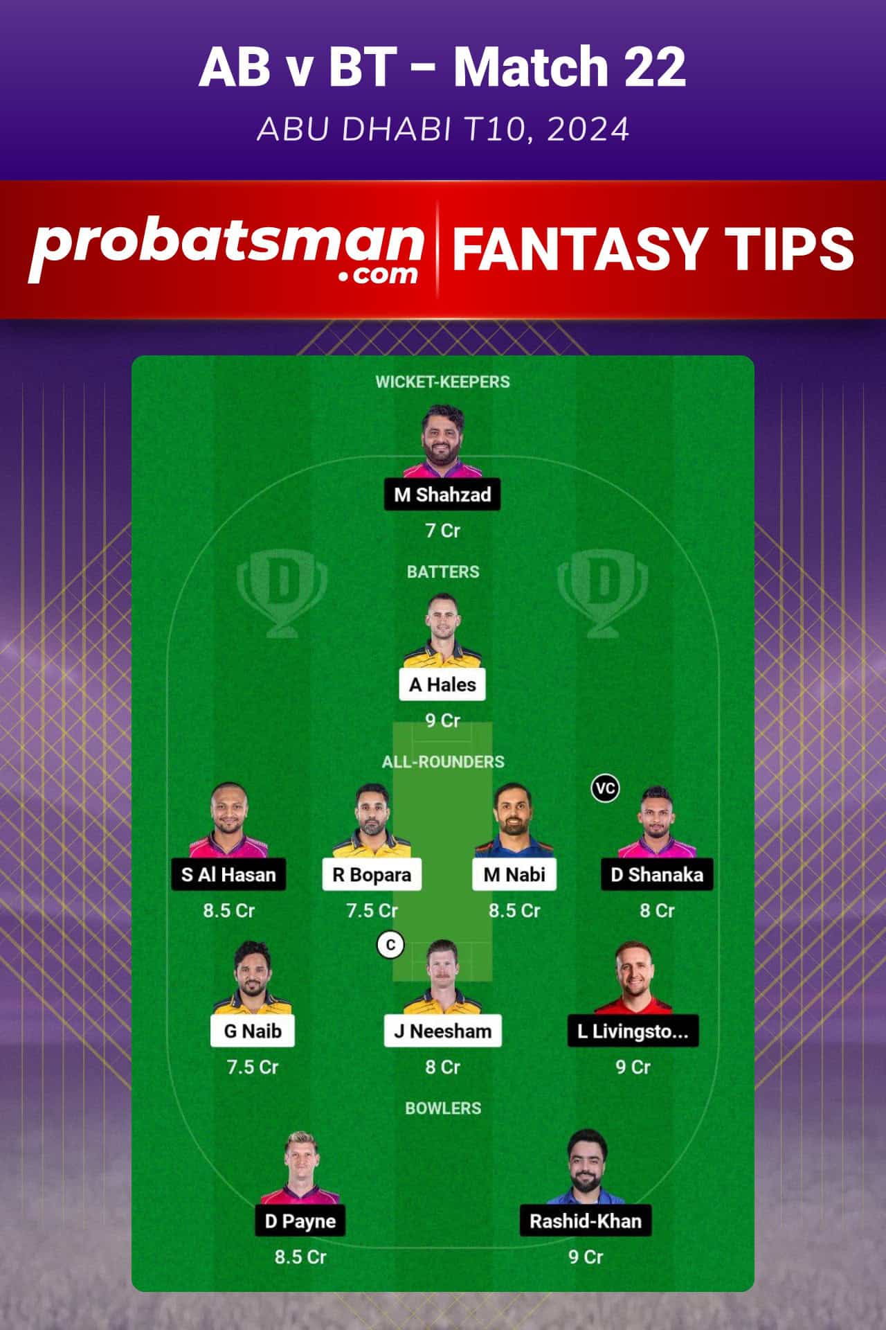 AB vs BT Dream11 Prediction For Match 22 of Abu Dhabi T10 2024