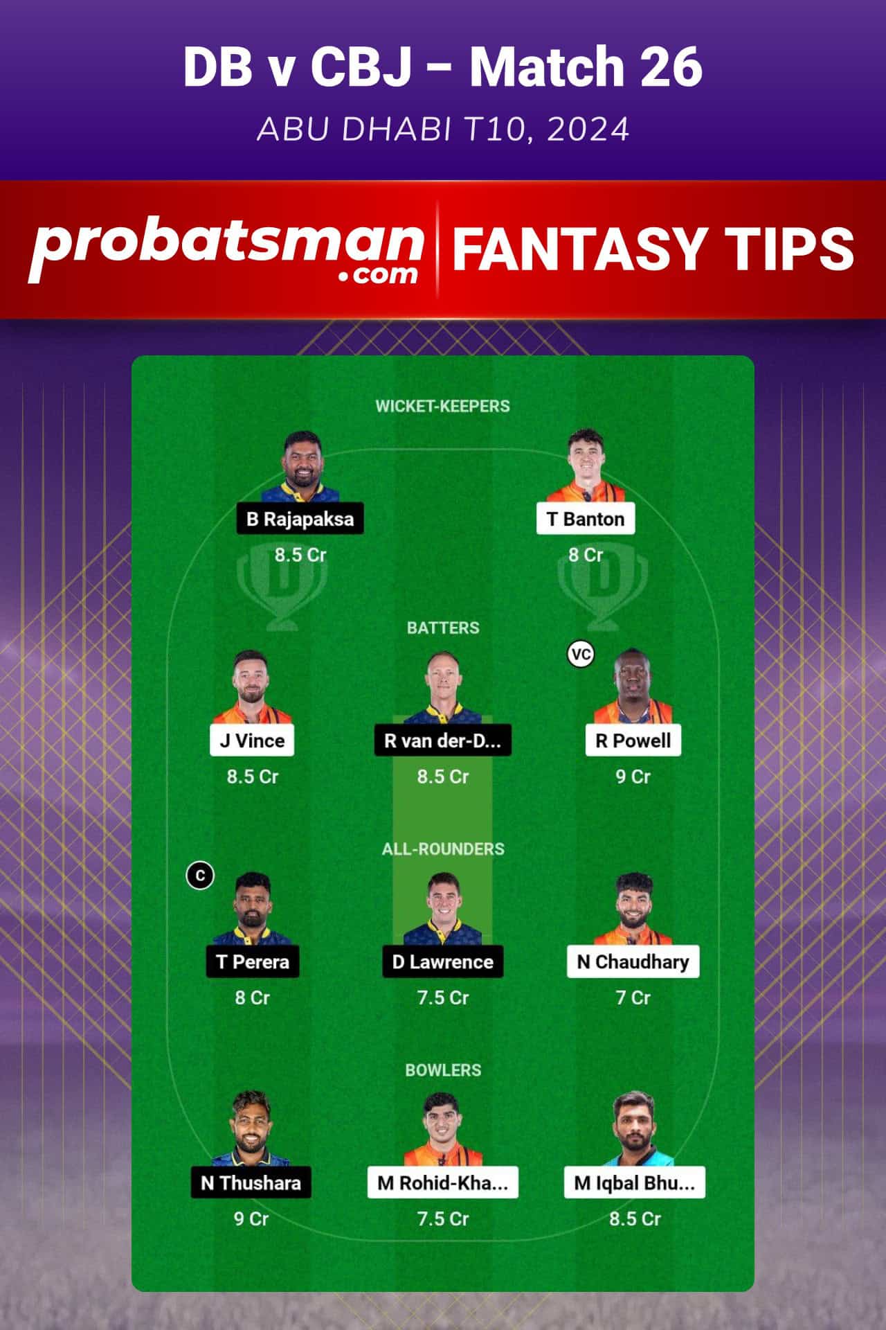 DB vs CBJ Dream11 Prediction For Match 26 of Abu Dhabi T10 2024