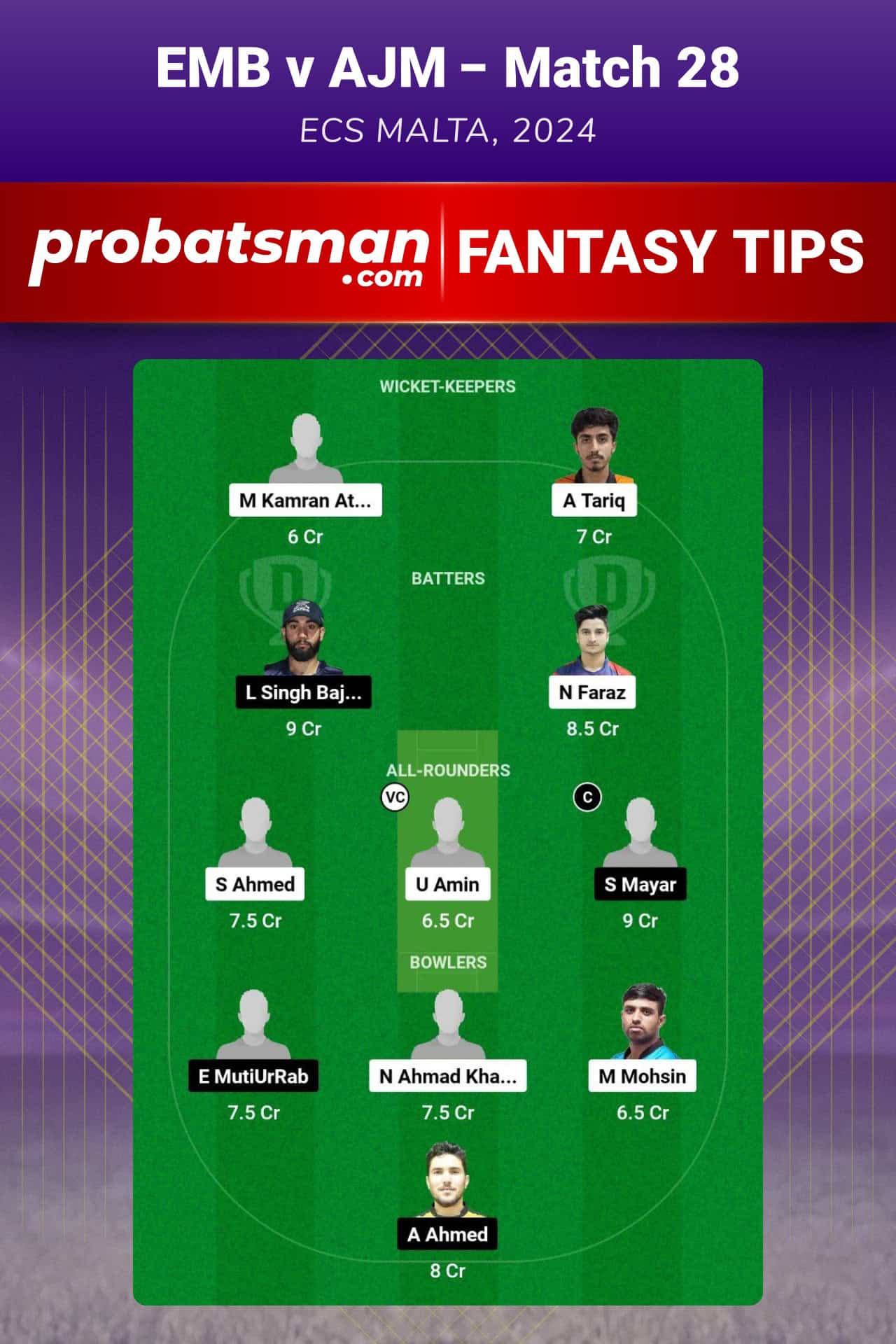 EMB vs AJM Dream11 Prediction For Match 28 of Emirates D20 2024