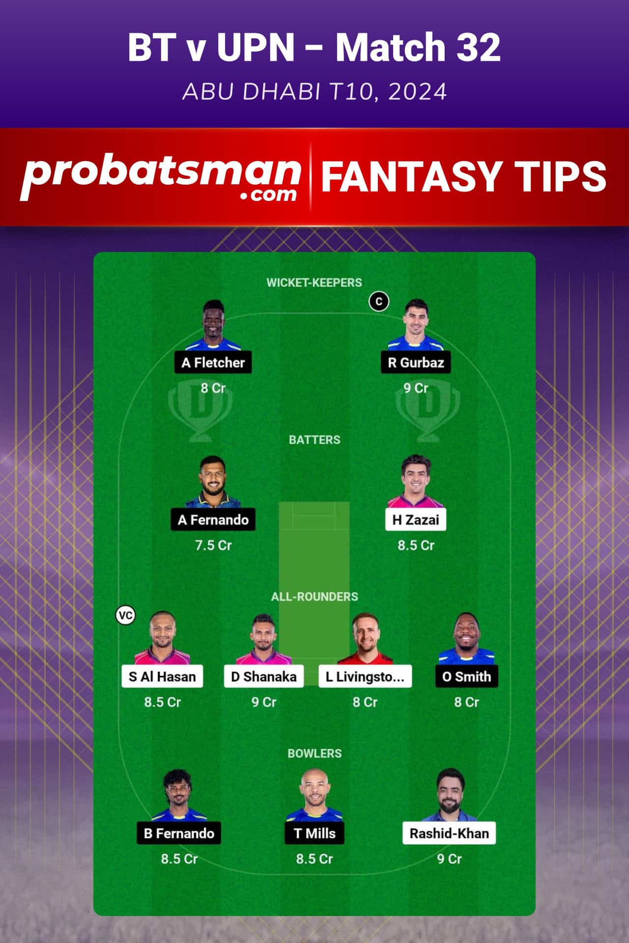 BT vs UPN Dream11 Prediction For Match 32 of Abu Dhabi T10 2024