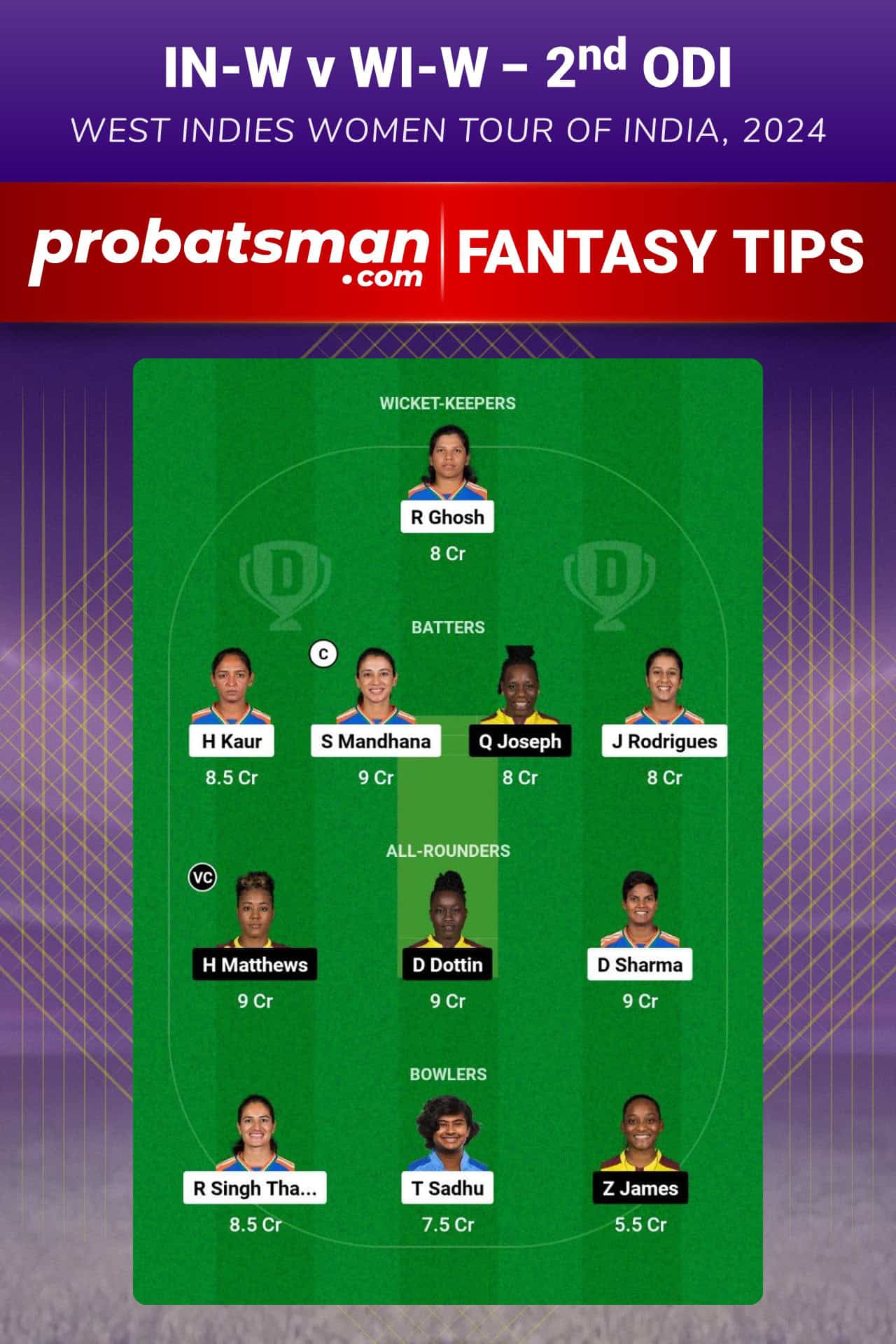 IN-W vs WI-W Dream11 Prediction For 2nd ODI of West Indies Women tour of India 2024