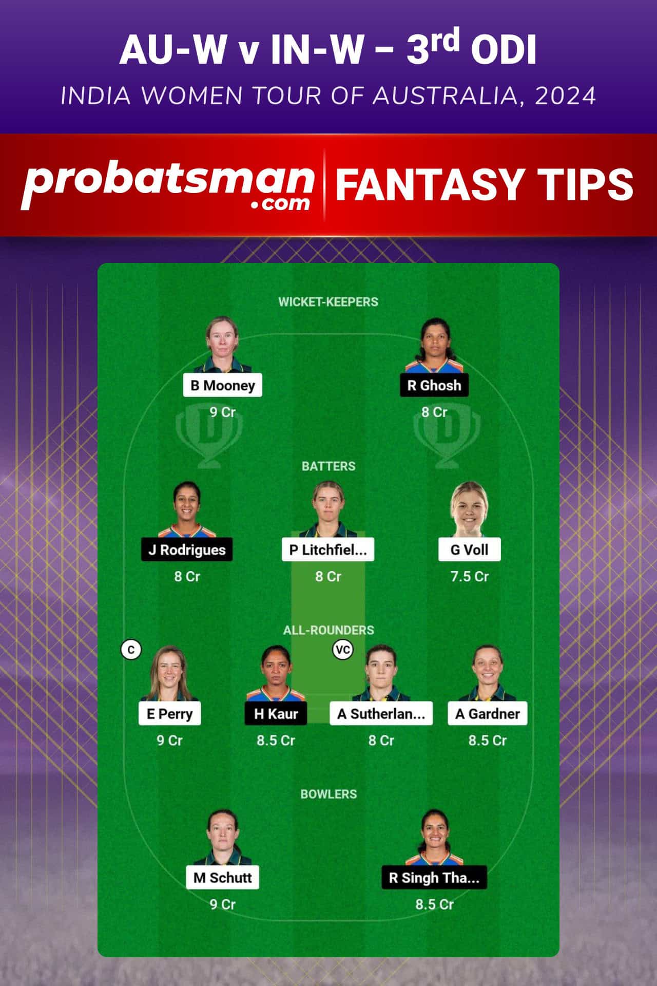 AU-W vs IN-W Dream11 Prediction  For 3rd ODI of India Women tour of Australia 2024